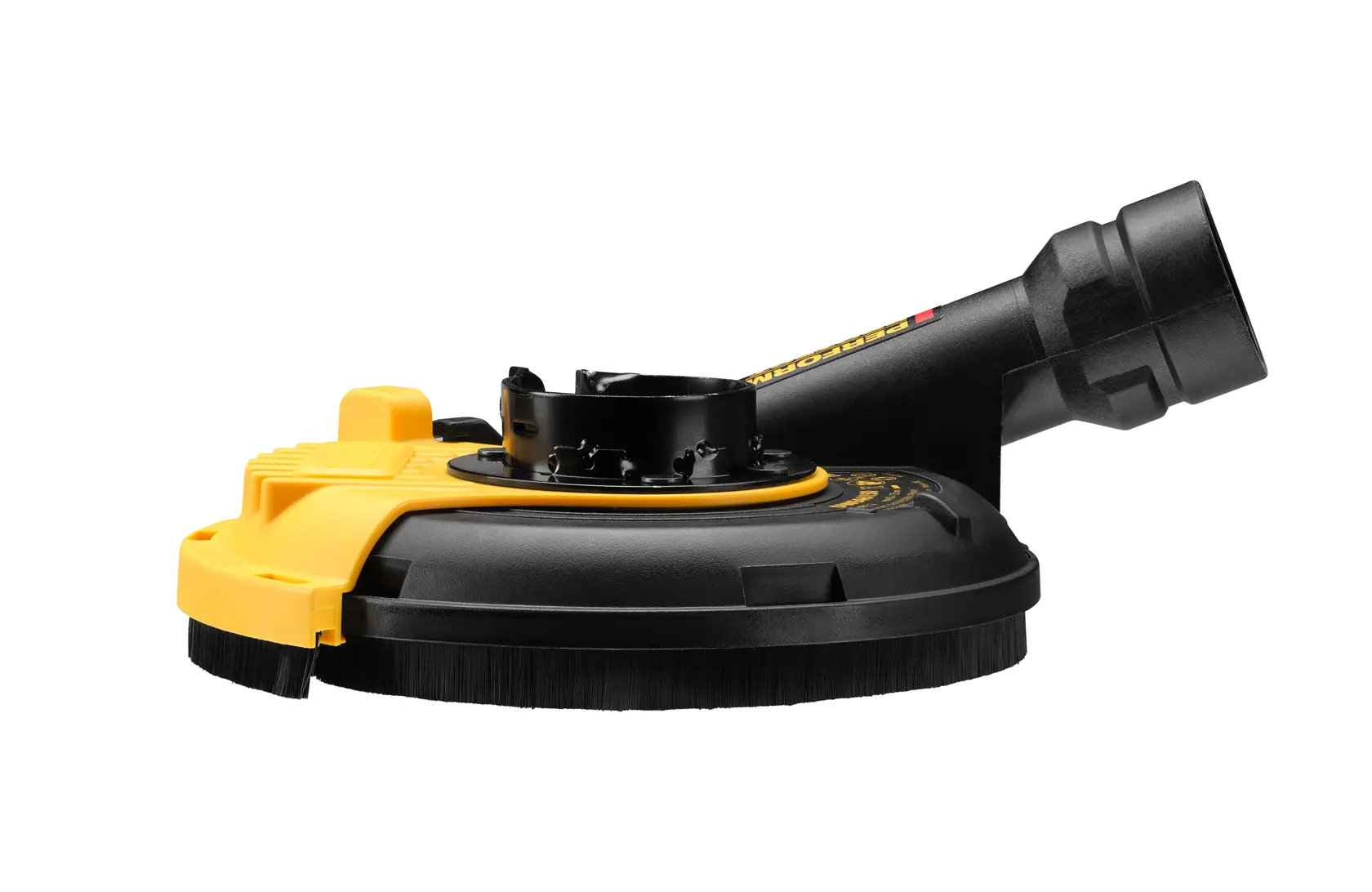 DEWALT DWE46150 dust shroud for angle grinders, black and yellow, shown on a white background.