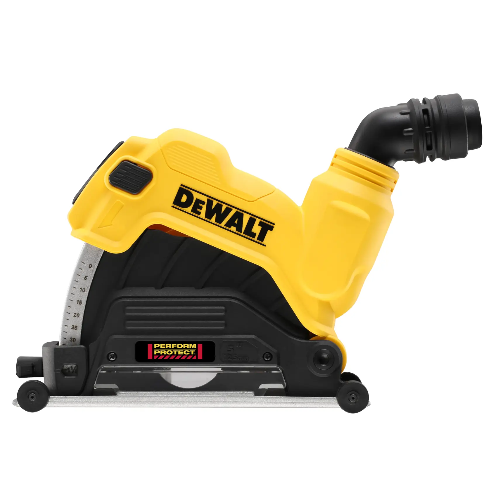 DEWALT DWE46225 dust extraction attachment for photography, shown in a side view with yellow and black body, featuring a hose connector and labeled Perform Protect.