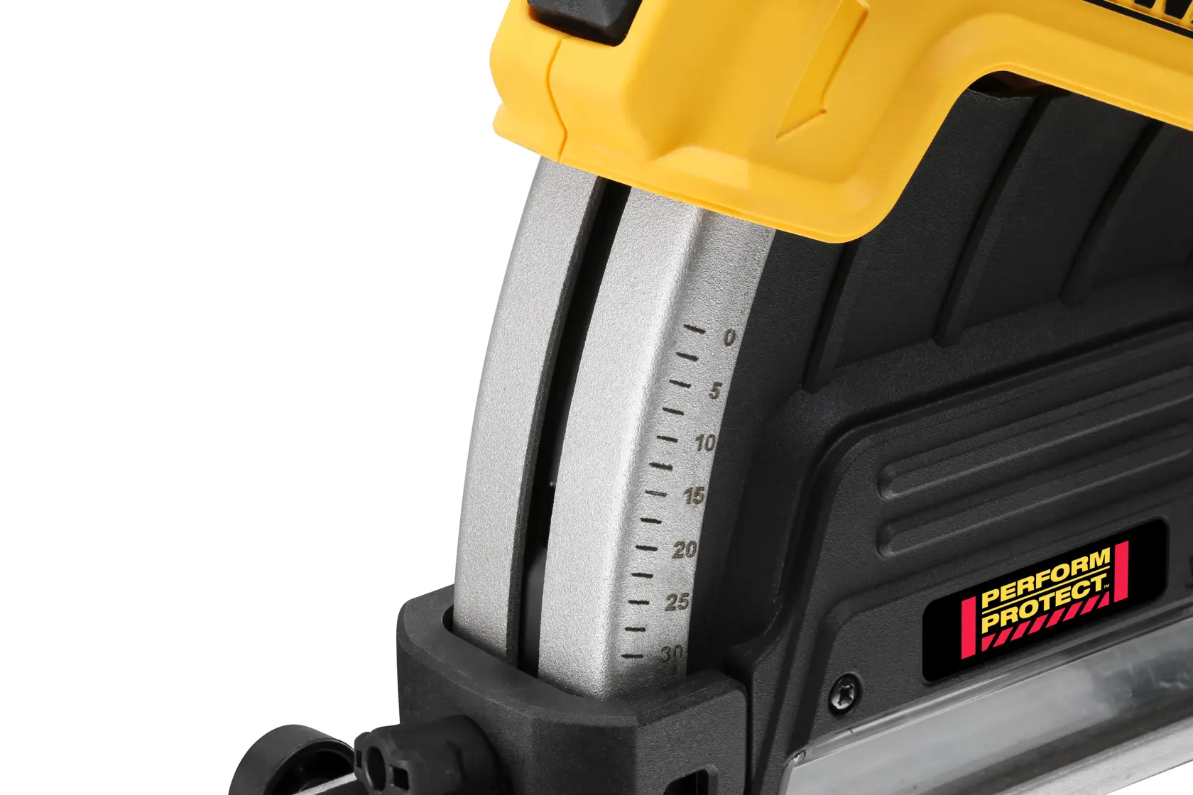 Close-up of a DEWALT power tool showing a bevel scale and a Perform Protect label on its black and yellow body.