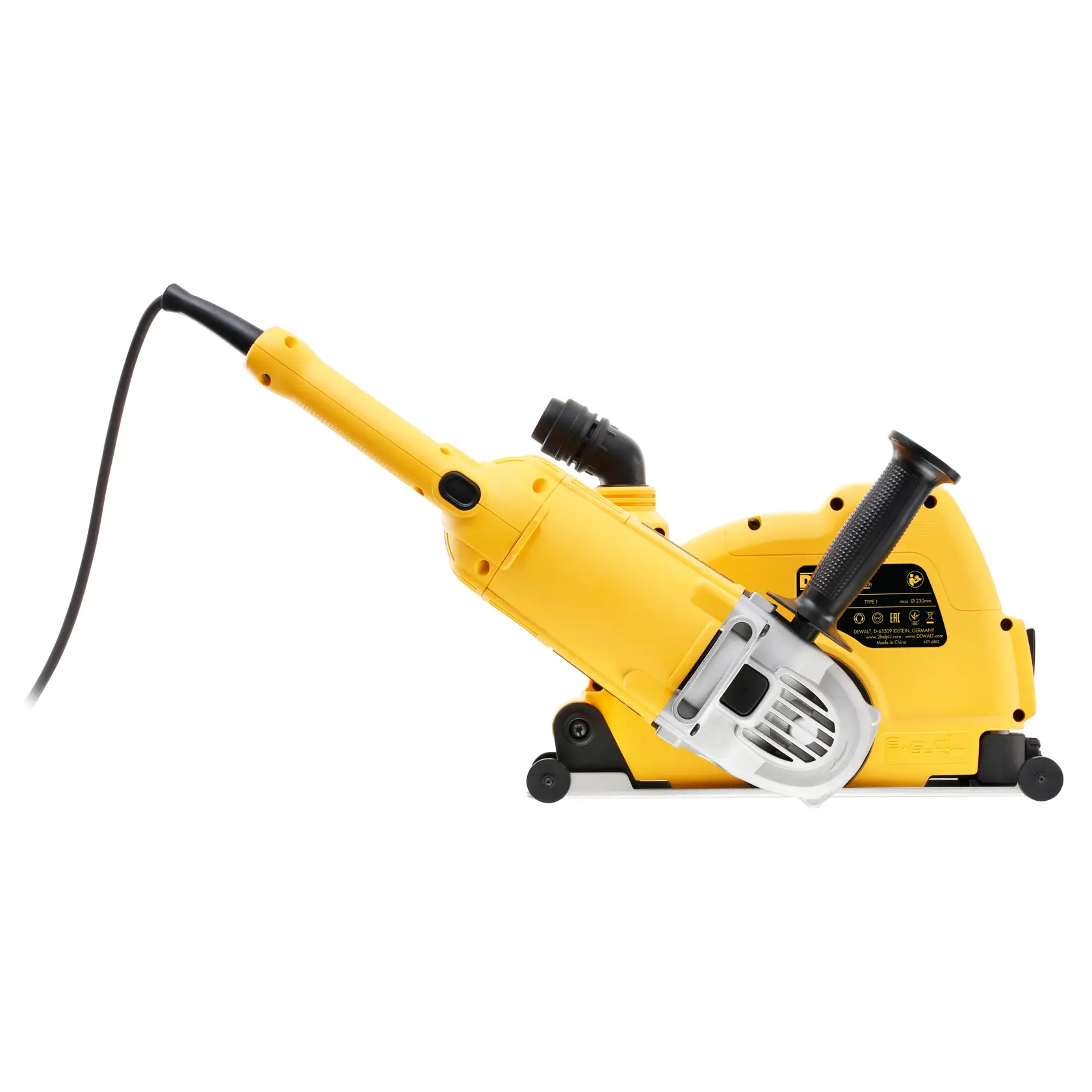 Yellow DEWALT electric wall chaser tool with black handle and power cord, shown from the side.
