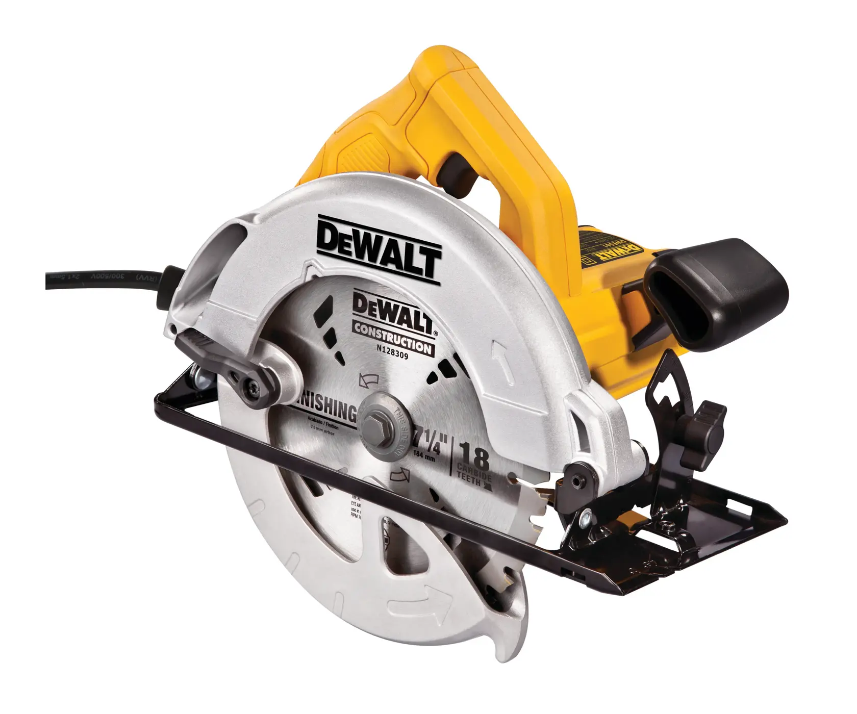 DEWALT DWE560 circular saw with yellow handle and silver blade, shown on a white background.