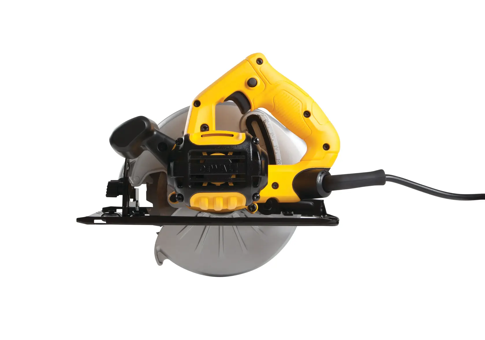 Electric yellow DEWALT circular saw with cord, shown from the side on a white background.