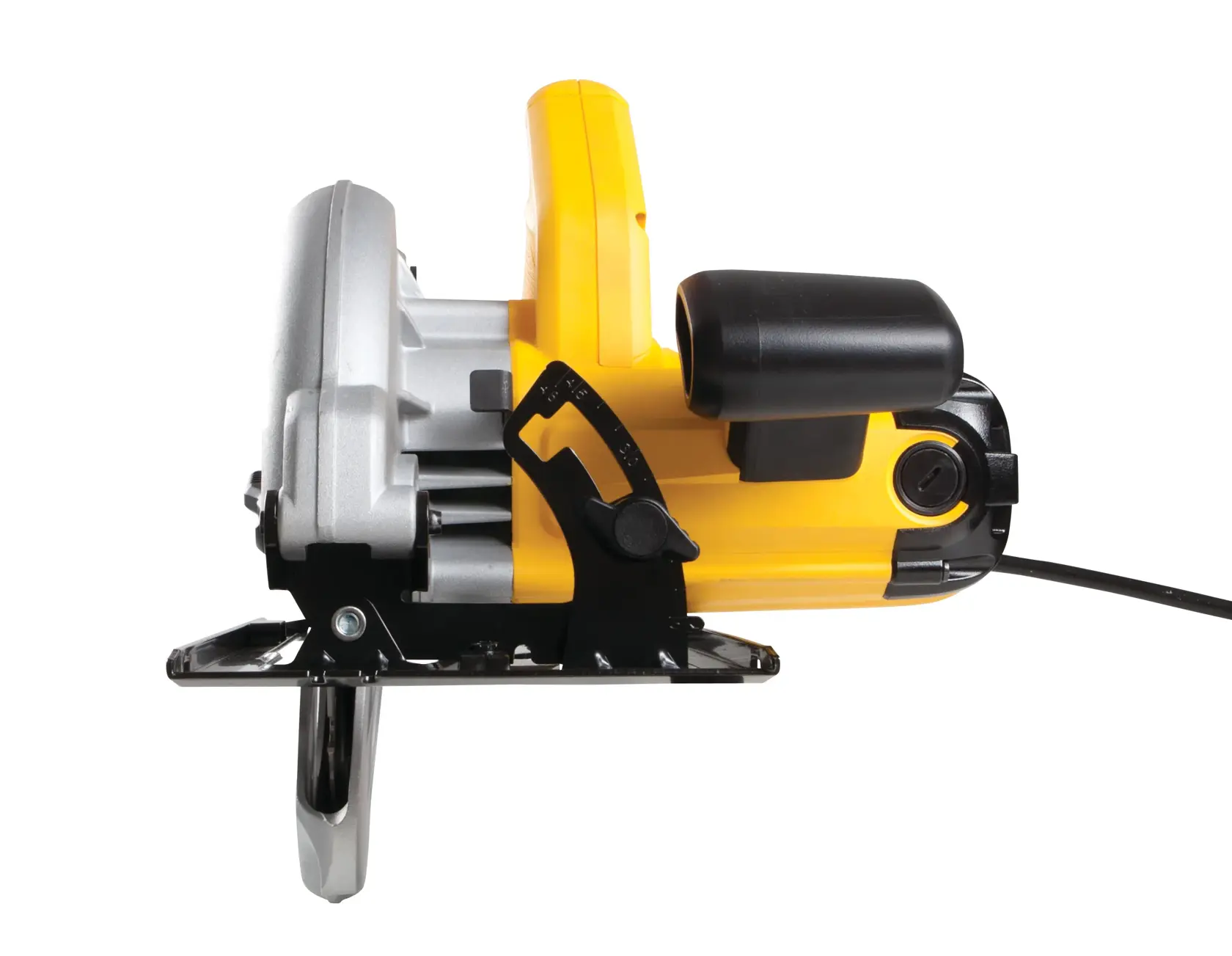 Side view of a yellow and black DEWALT circular saw with cord, showing blade and handle.