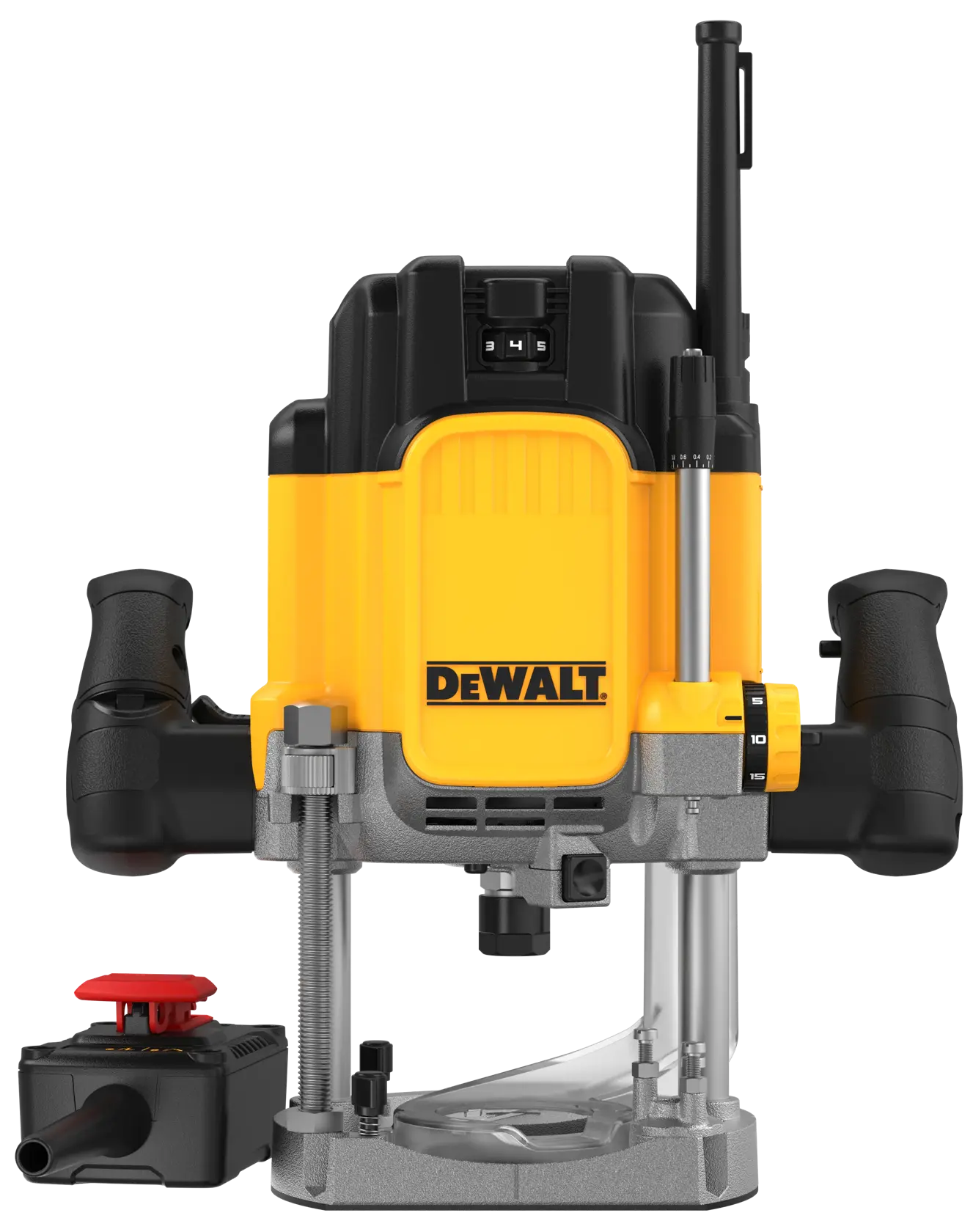 DEWALT plunge router with handles and base, shown with an attachment for woodworking or carpentry tasks.