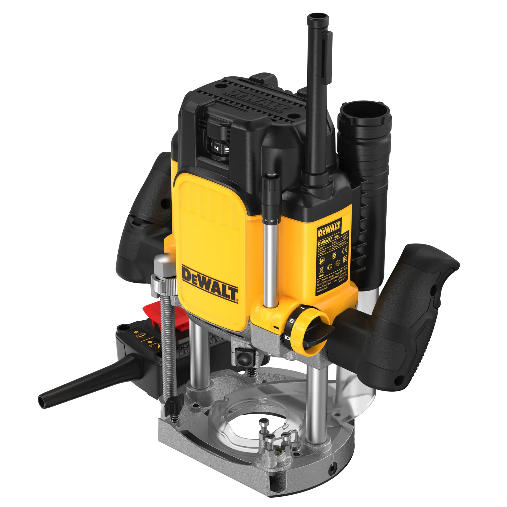 DEWALT DWE627KT plunge router with handles, yellow and black color, shown on a white background.