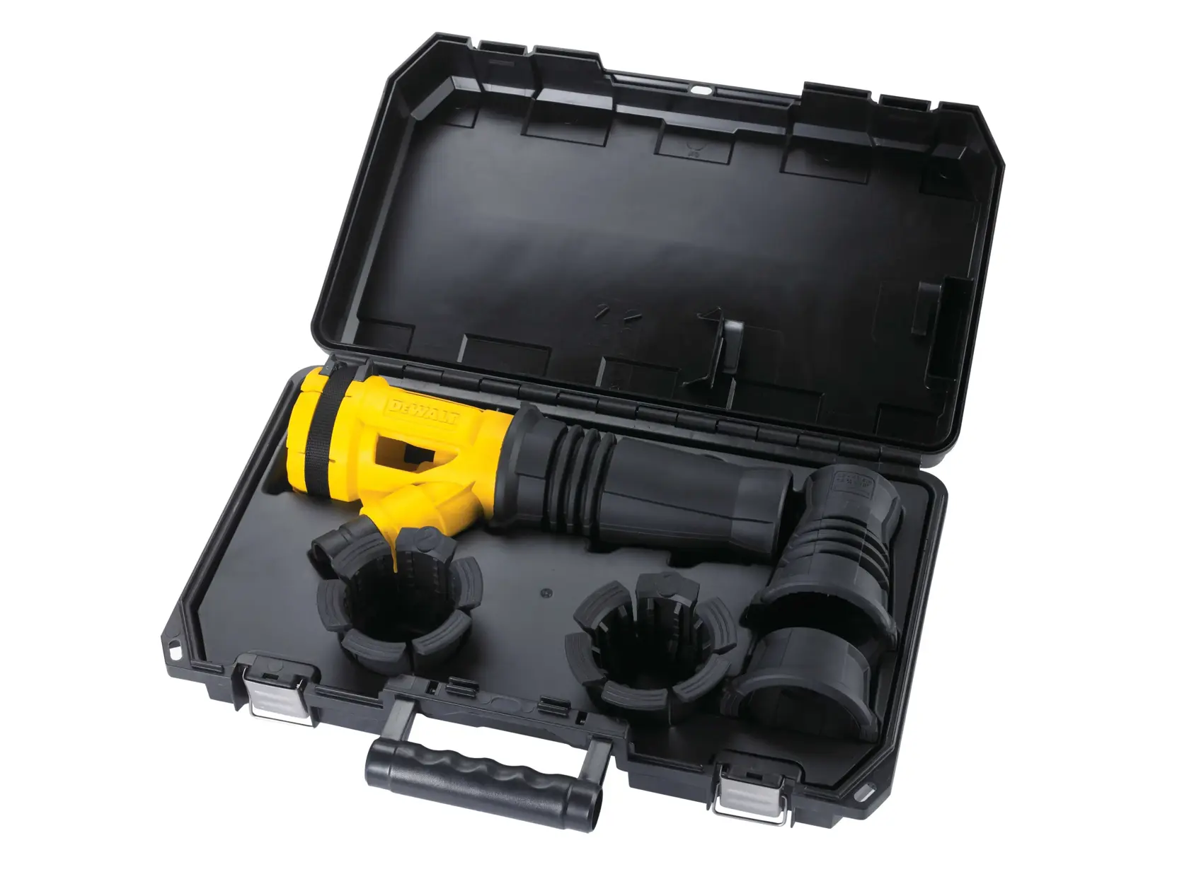 DEWALT DWH051 dust extraction accessory set in a black carrying case with multiple attachments.