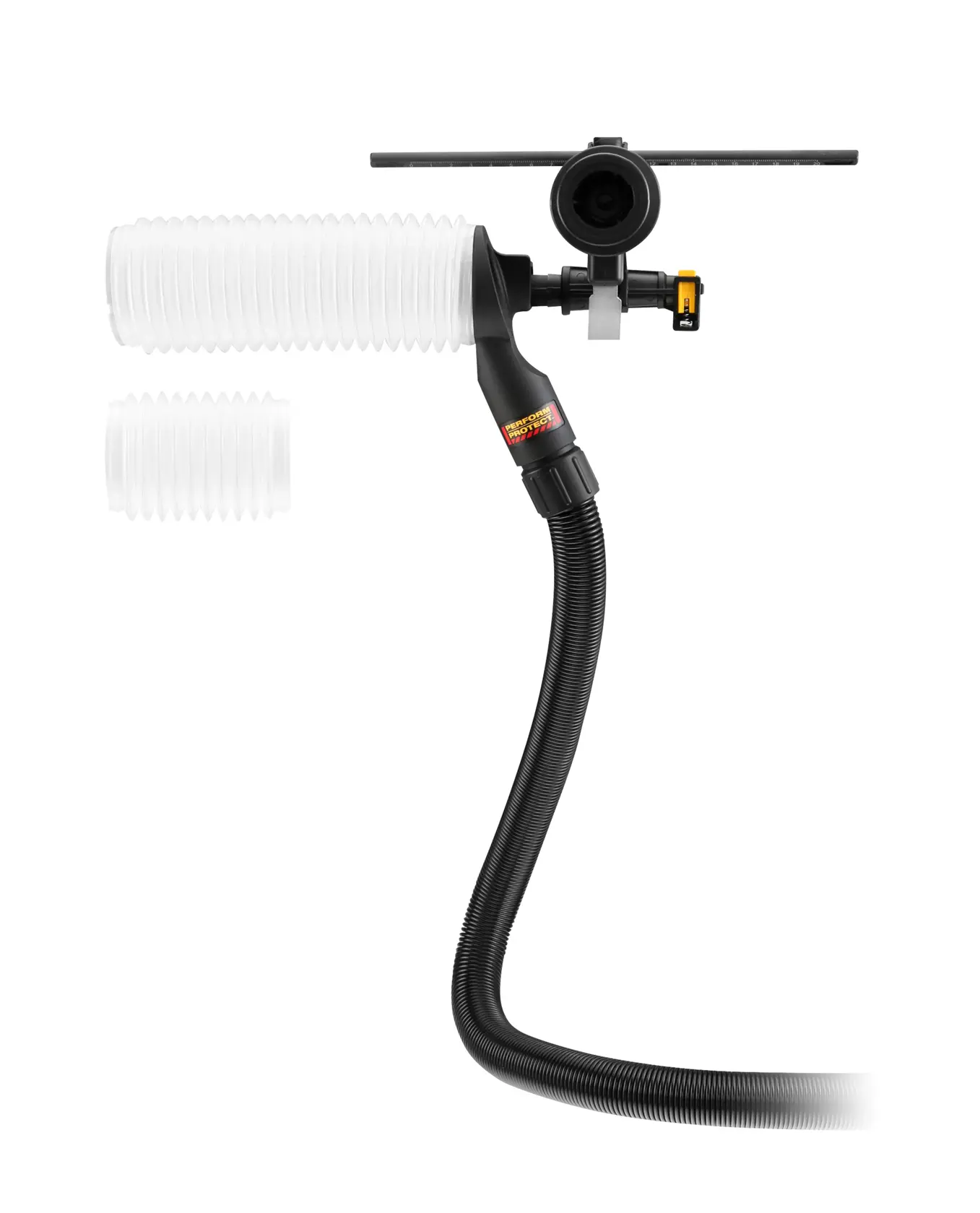 DEWALT DWH201D dust extraction attachment with flexible hose and two translucent cuffs for drill applications.