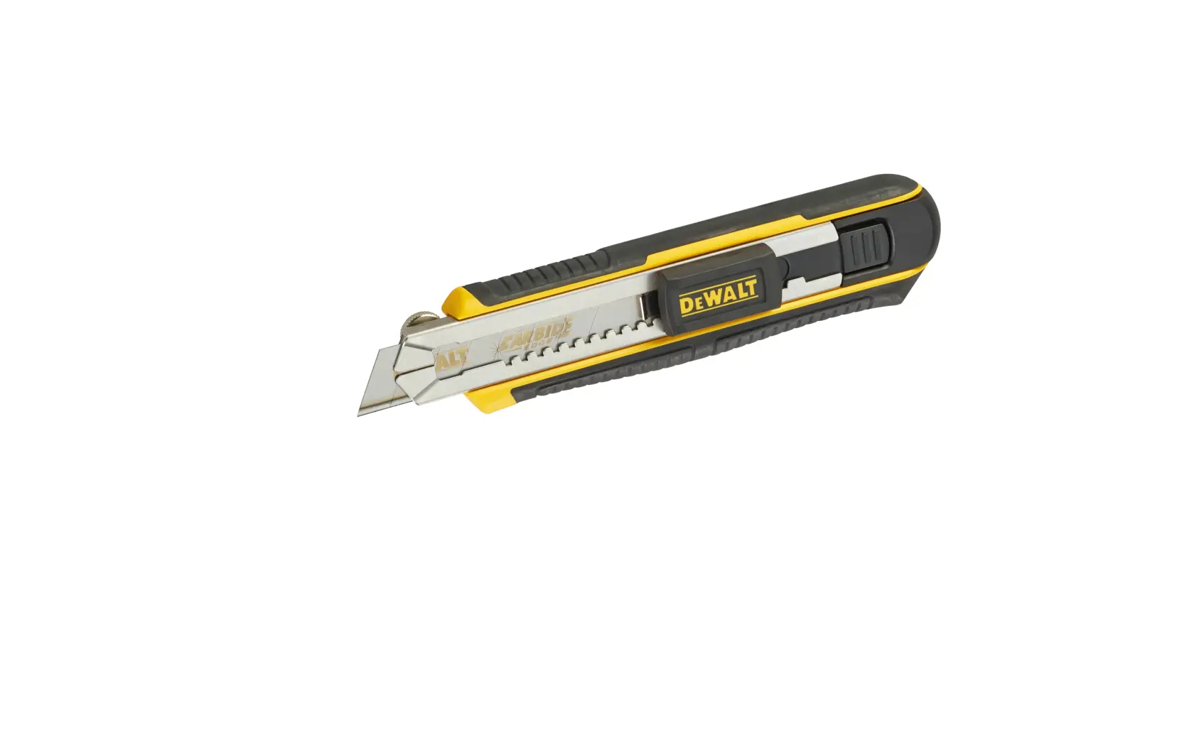 DEWALT utility knife with retractable blade and black-yellow handle, isolated on white background.
