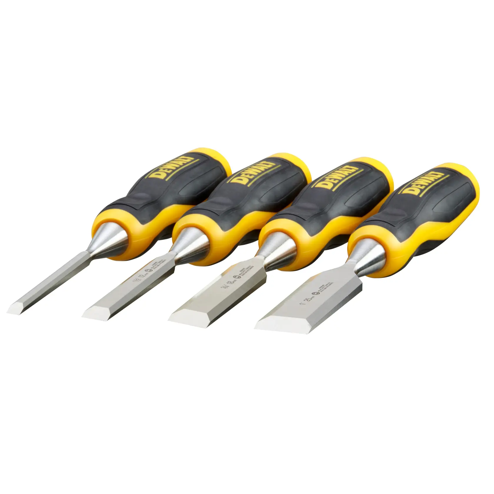 Set of four DEWALT chisels with yellow and black handles, arranged side by side on a white background.