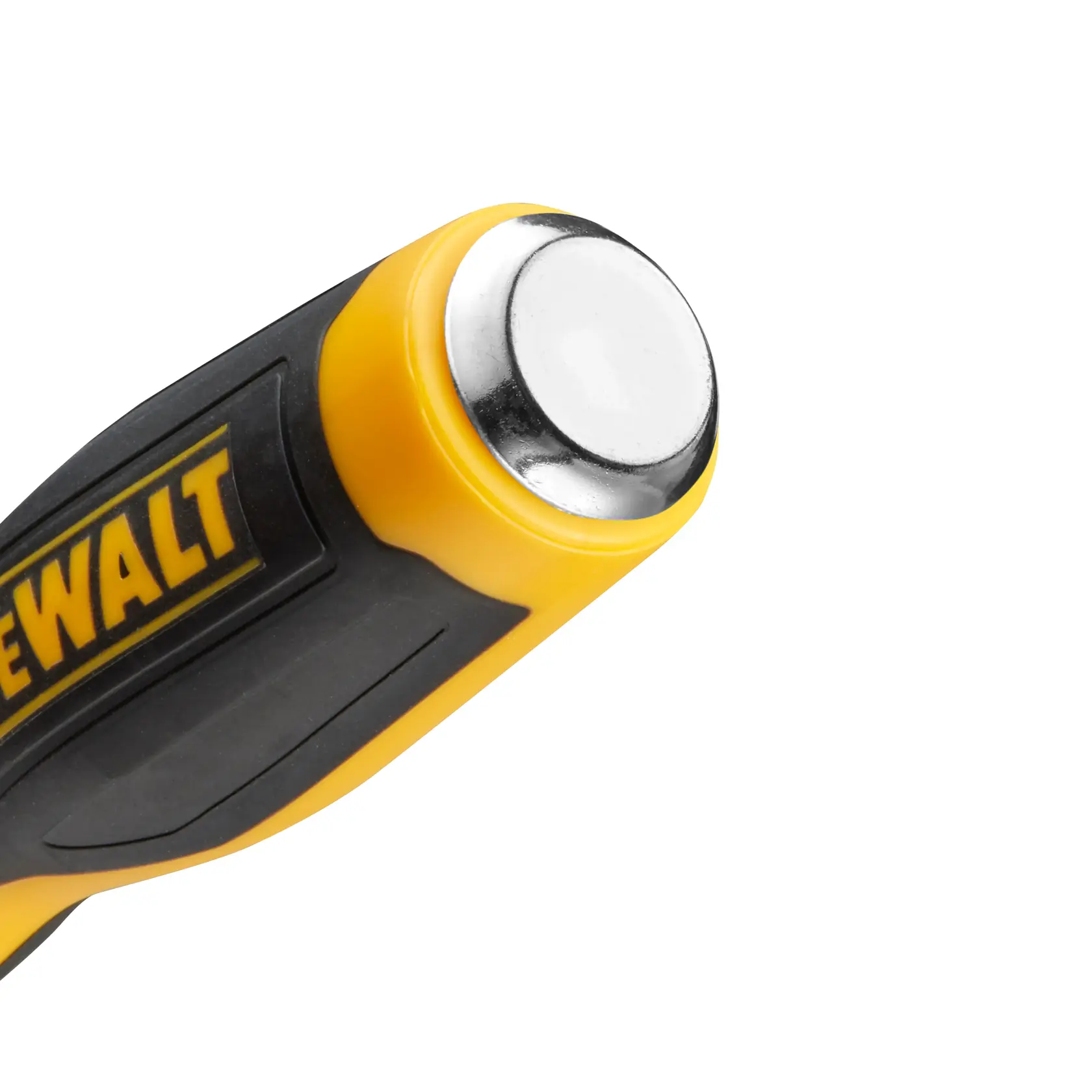 Close-up of a DEWALT tool handle with yellow and black grip and a silver metal end.