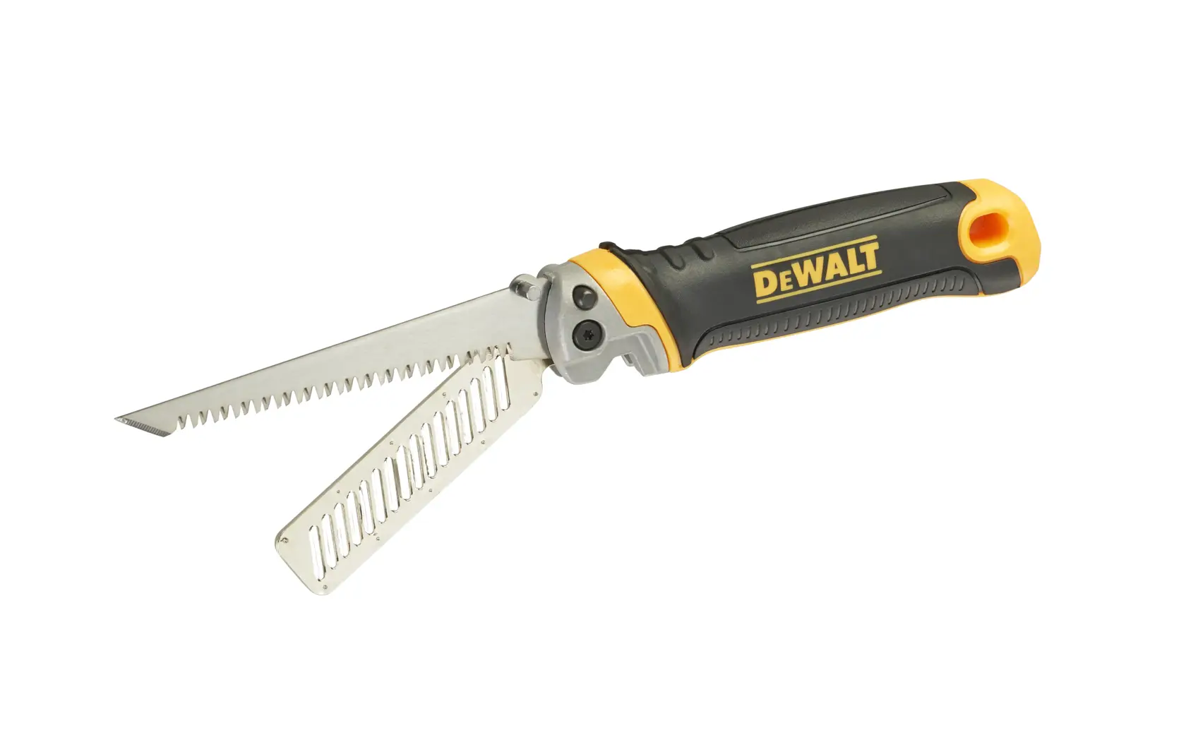 DEWALT folding saw with black and yellow handle and two open blades, designed for cutting drywall or wood.