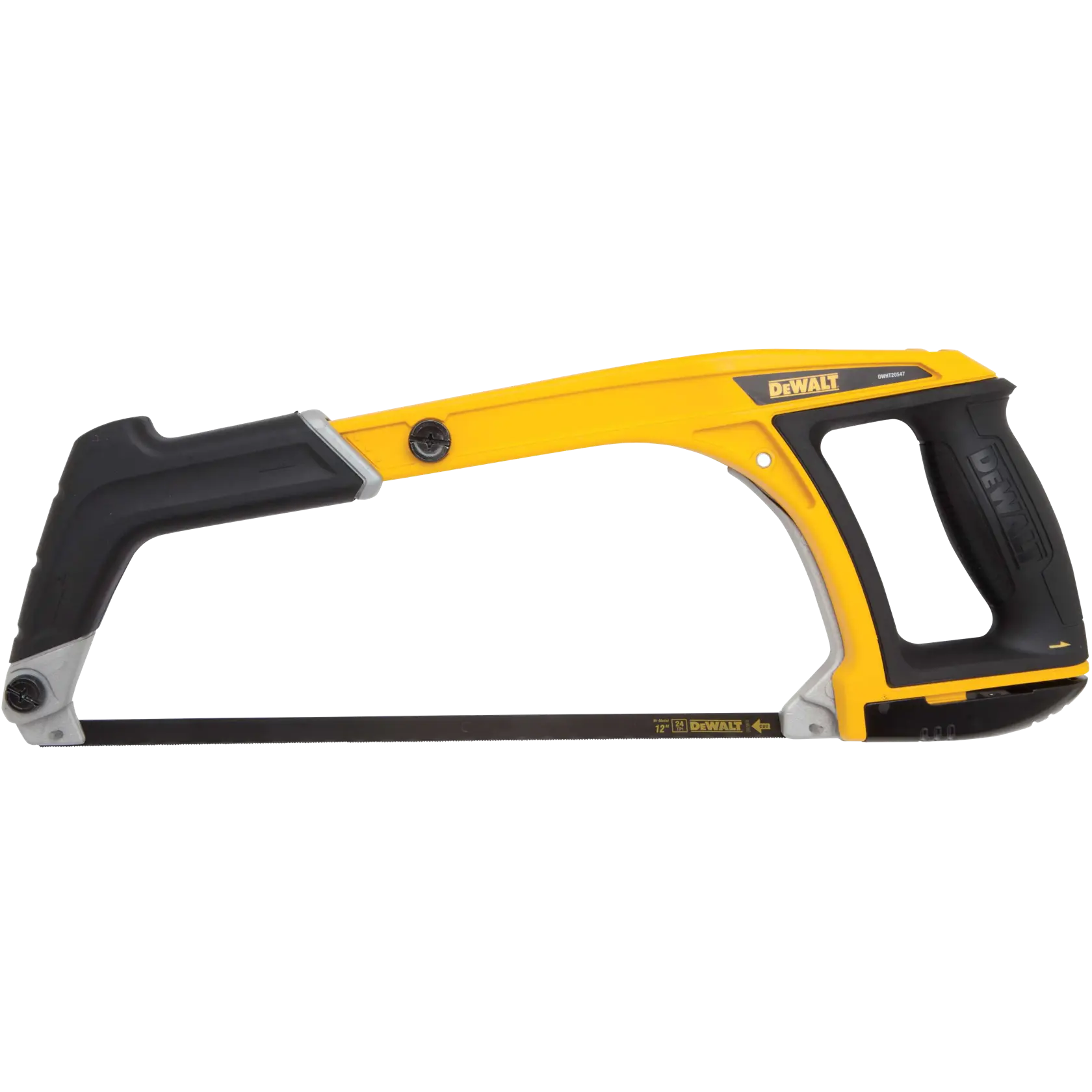 A DEWALT hand hacksaw with a yellow and black handle, designed for cutting metal or plastic pipes. The saw features an ergonomic grip and a straight blade.