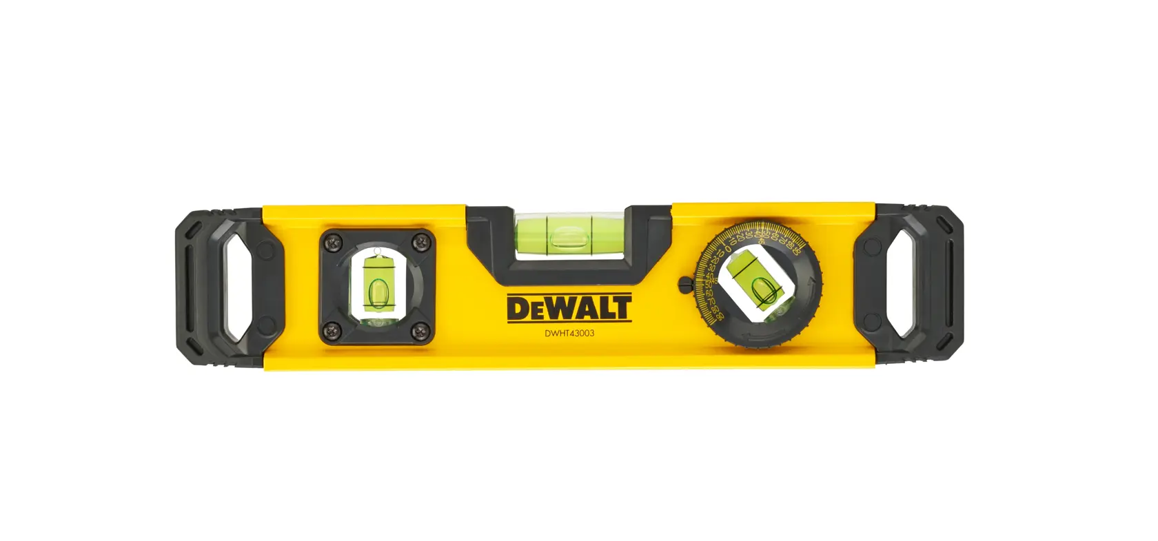 DEWALT DWHT0-43003 yellow spirit level with three vials and black ends, used for accurate leveling tasks.