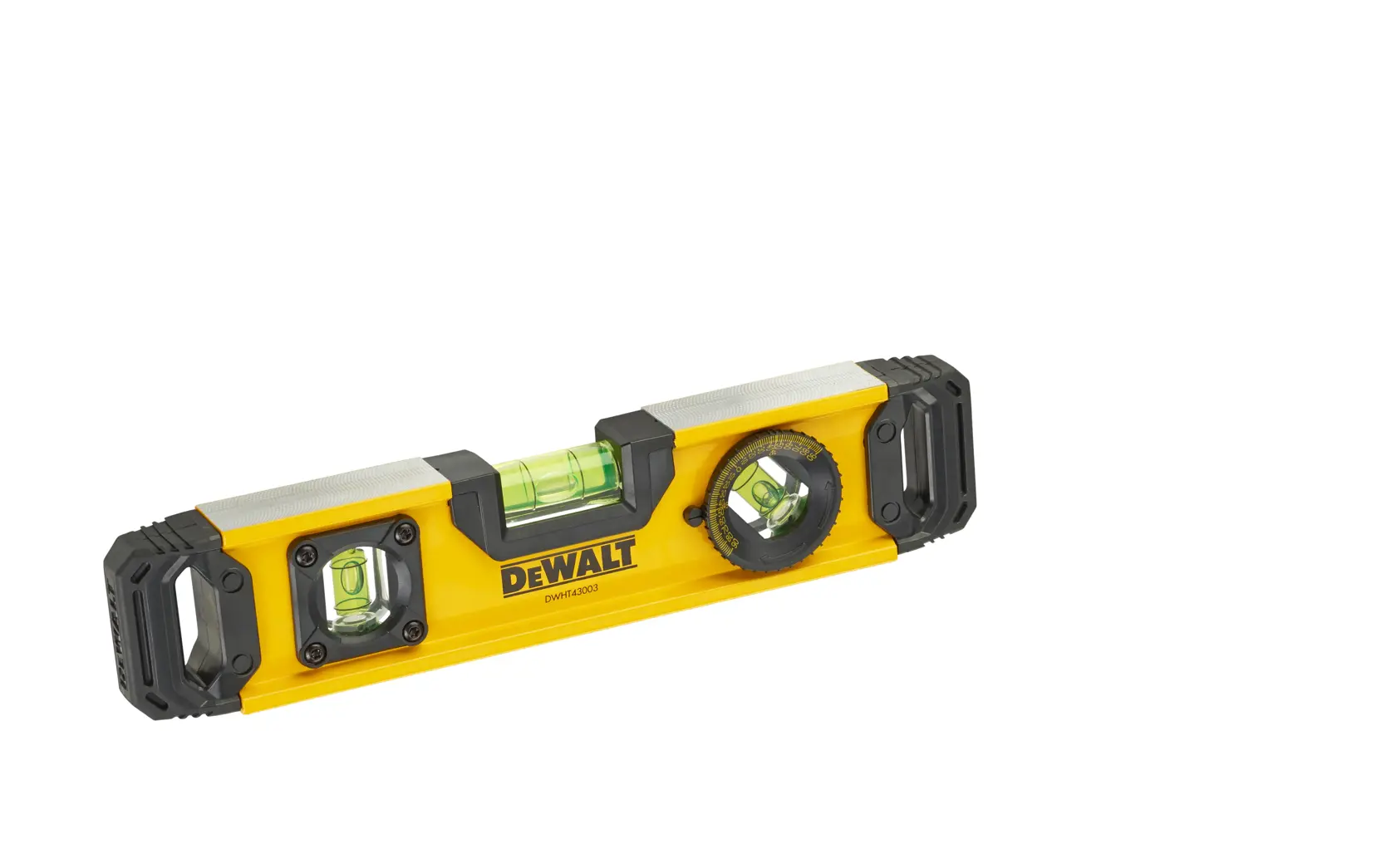 Yellow DEWALT spirit level with three vials and black end caps, model DWHT0-43003, used for precise leveling.