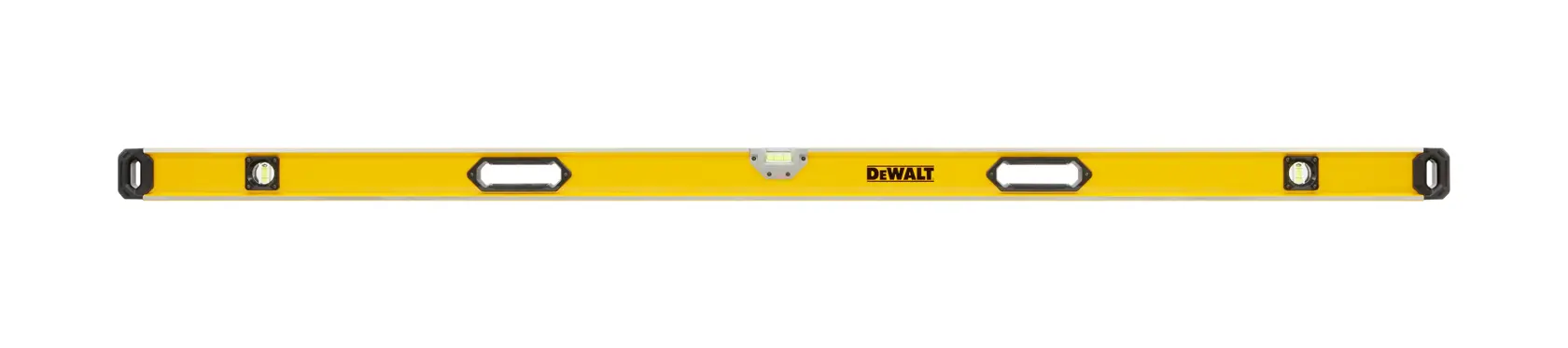 Yellow DEWALT spirit level with three vials and two handles, designed for accurate measurement.