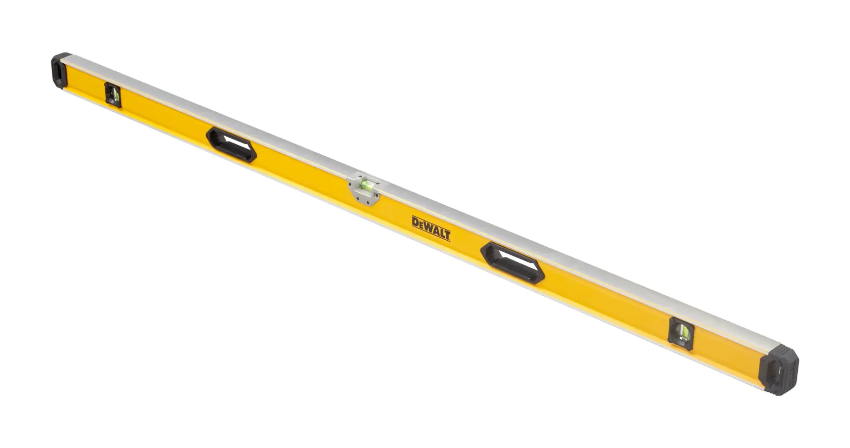 Yellow DEWALT spirit level with built-in vials and handles for measuring straight lines.