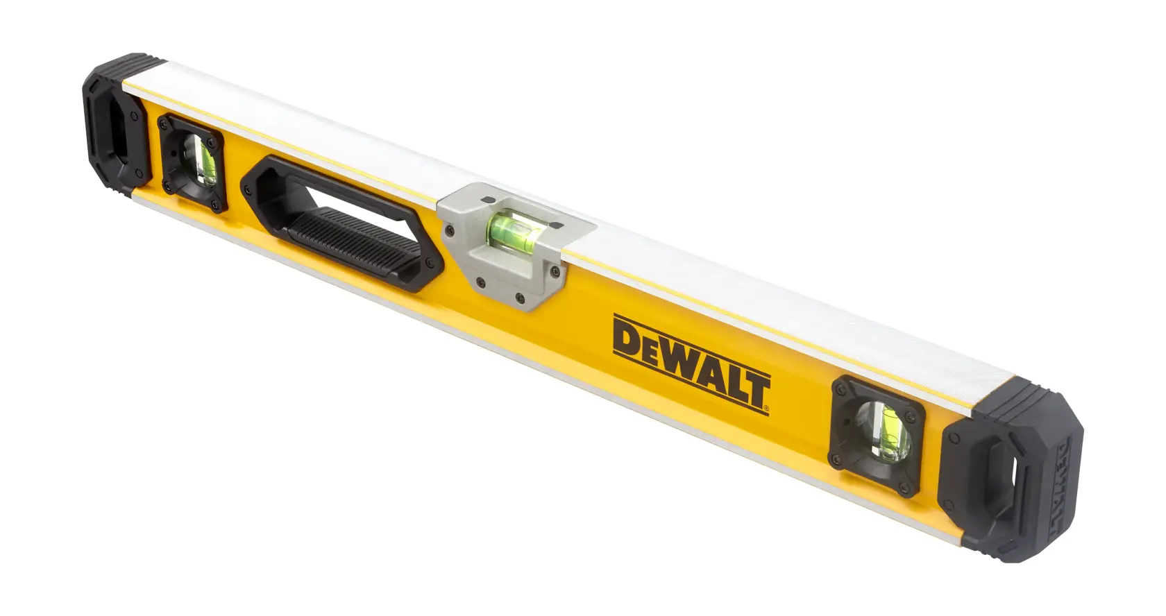 DEWALT yellow spirit level with handle and three bubble vials, rectangular shape for precision leveling.