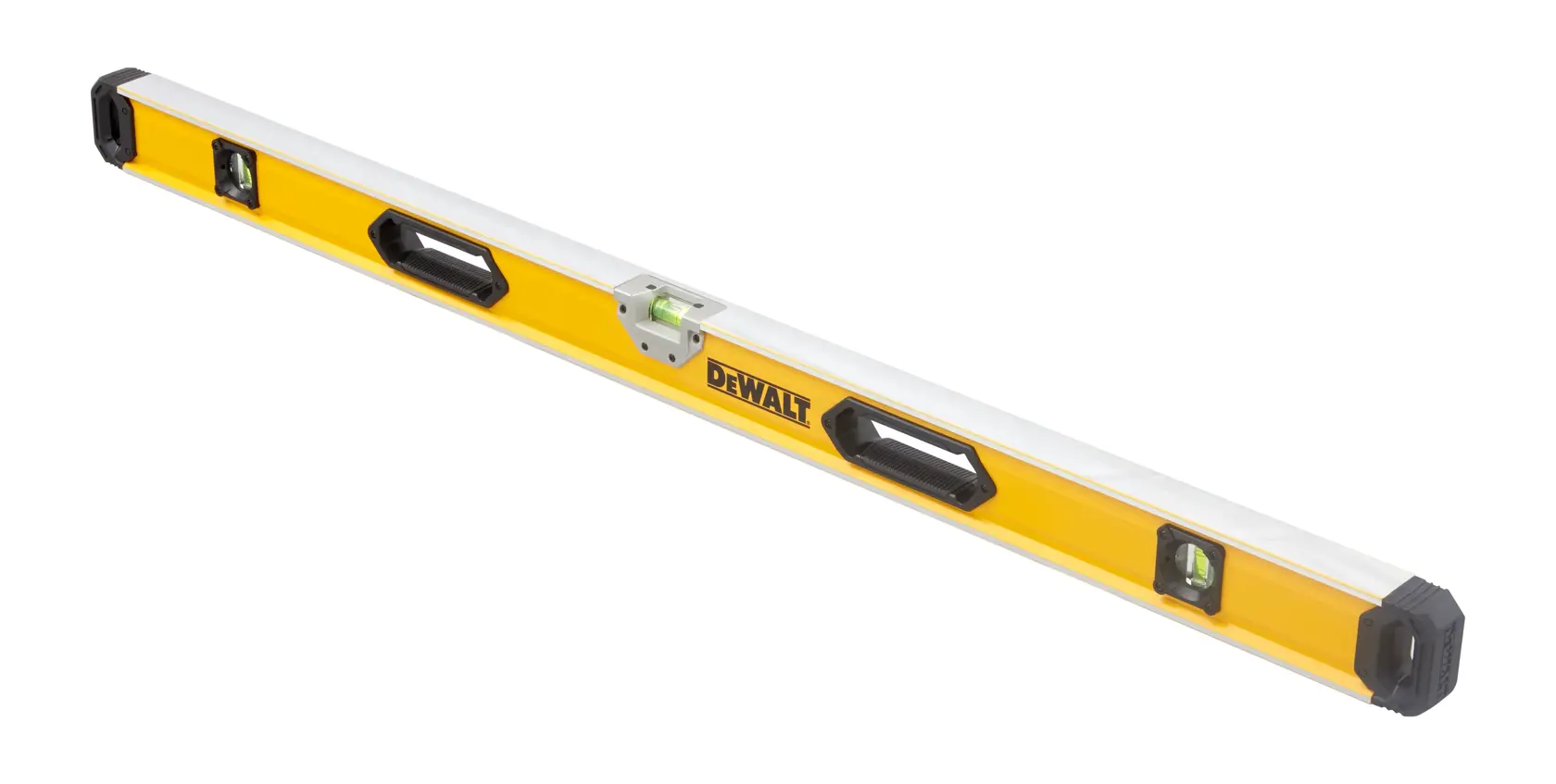Yellow DEWALT spirit level with handles and three bubble vials, angled view on white background.