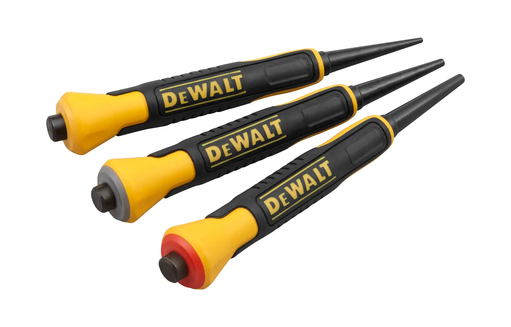 Three DEWALT steel punch tools with yellow and black handles, each tip marked by a colored ring.