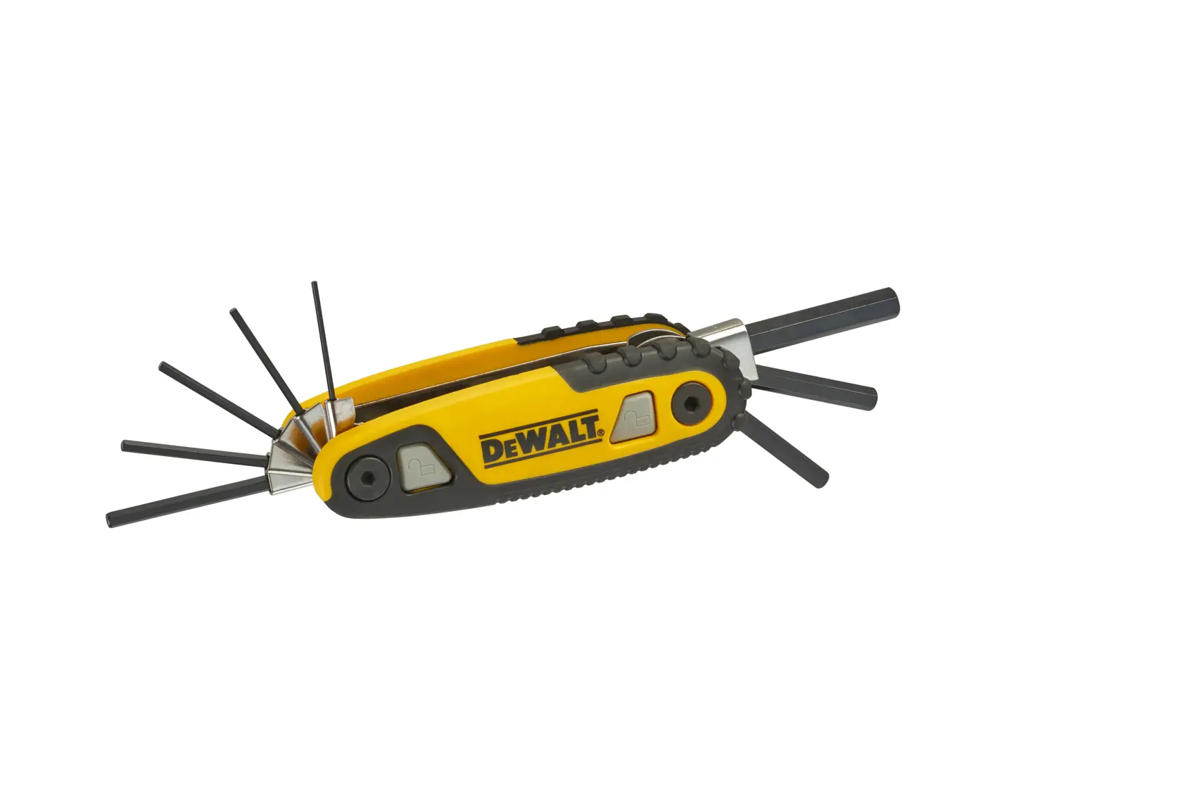 Set di chiavi esagonali pieghevoli DEWALT con varie chiavi nere e manico giallo e nero.