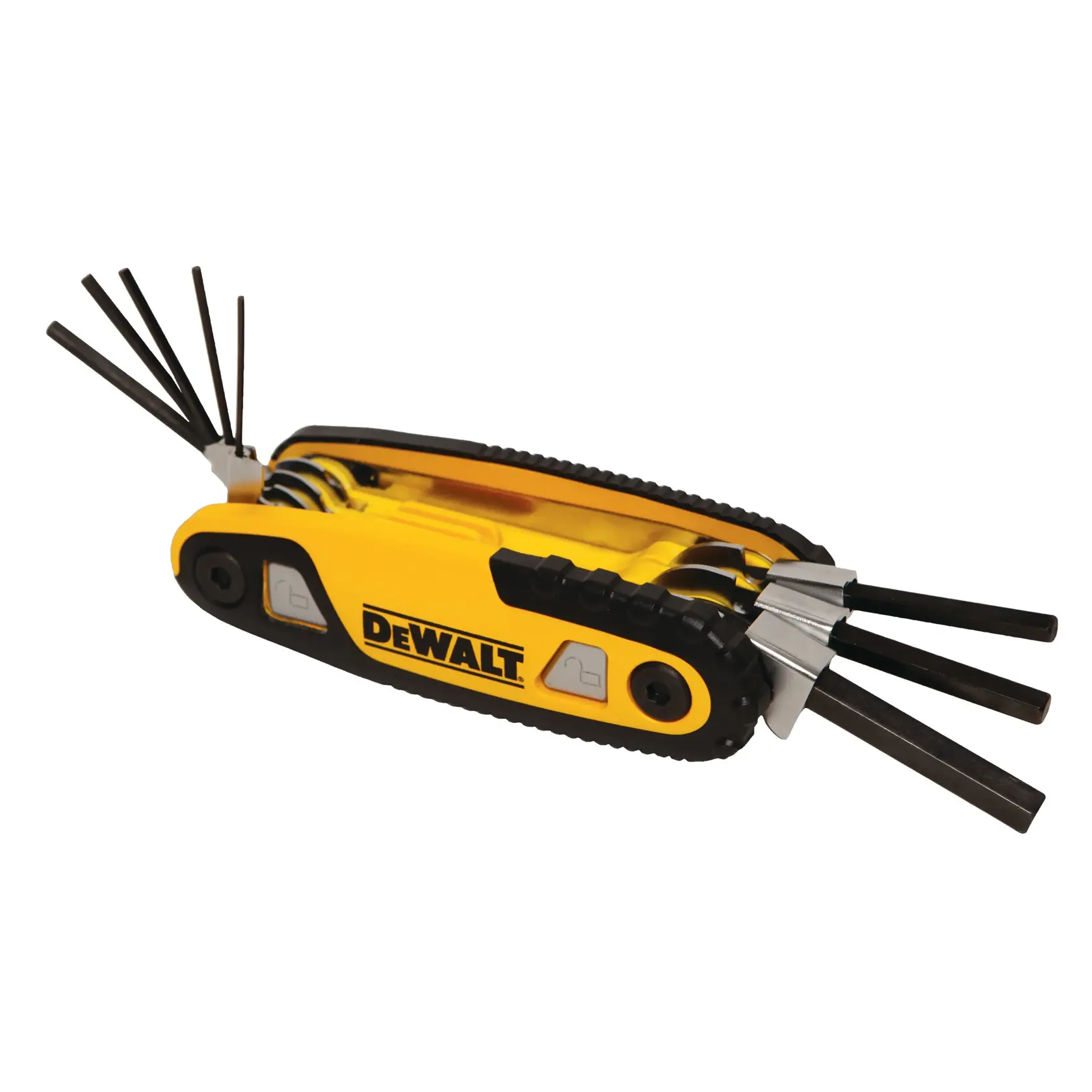 Set di chiavi pieghevoli DEWALT con più chiavi aperte, custodia gialla e nera, su sfondo bianco.