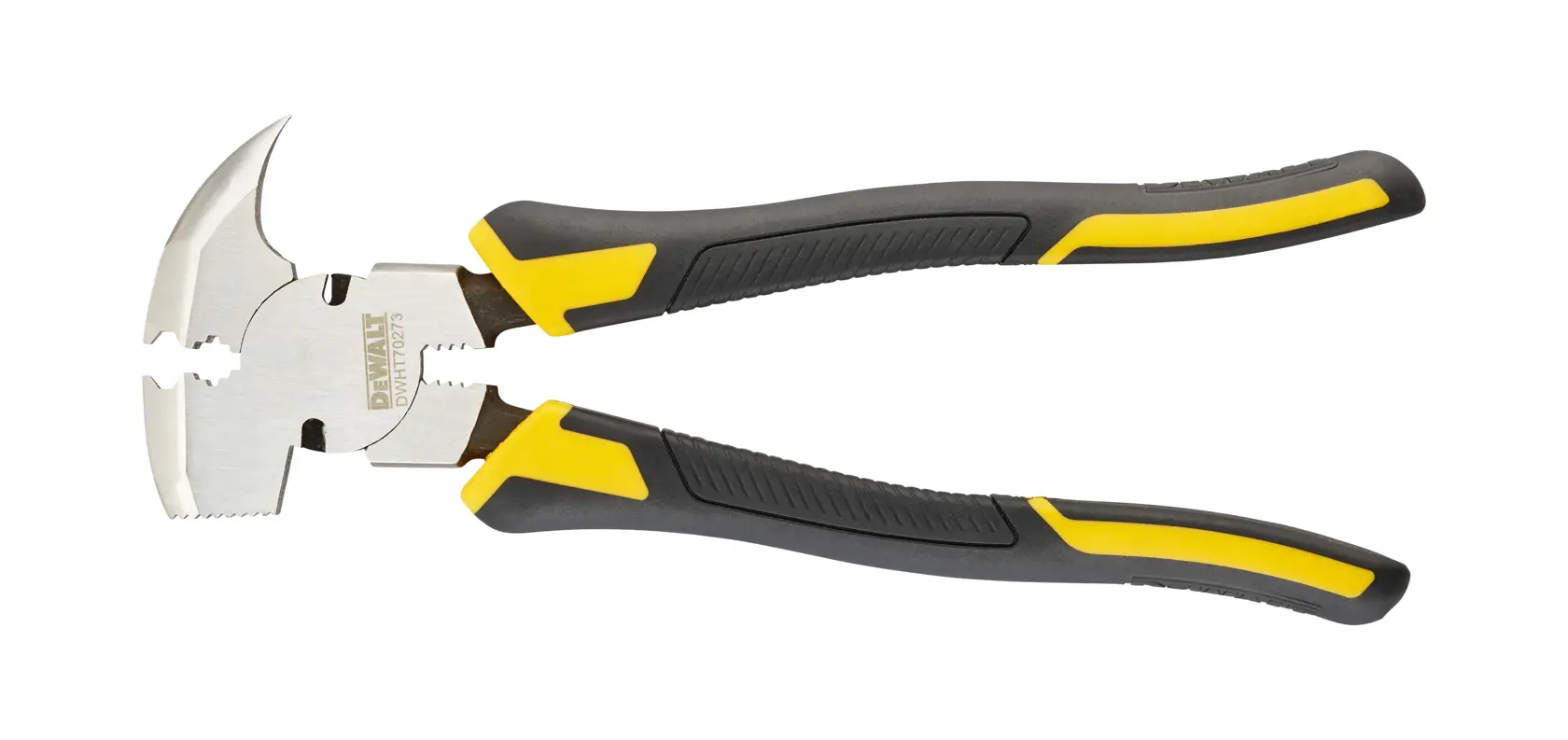 DEWALT multi-function pliers with black and yellow handles on a white background.