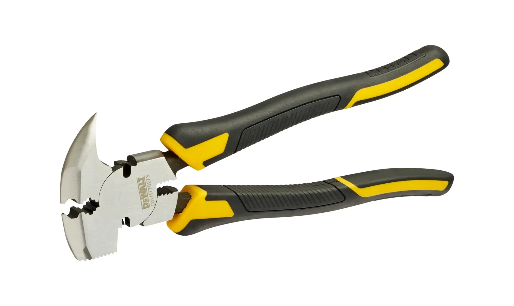 DEWALT pliers with yellow and black handles, designed for gripping and cutting tasks, isolated on white background.