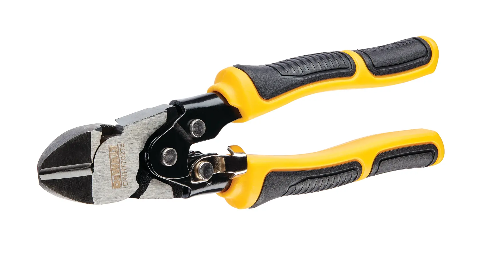 DEWALT wire cutter tool with yellow and black handles, angled cutting blades, isolated on white background.