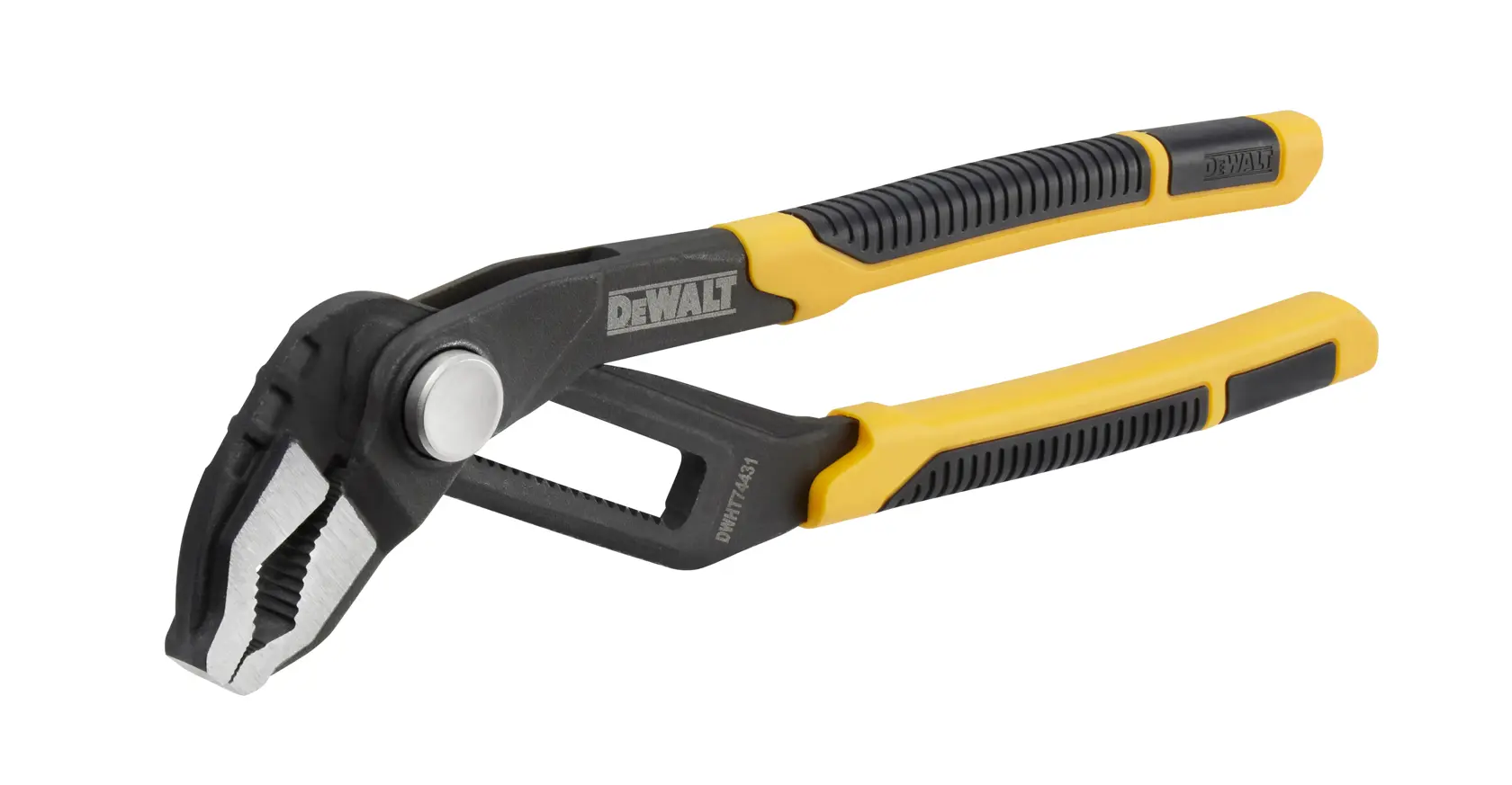 DEWALT adjustable groove joint pliers with black and yellow handle, angled jaws for gripping objects.