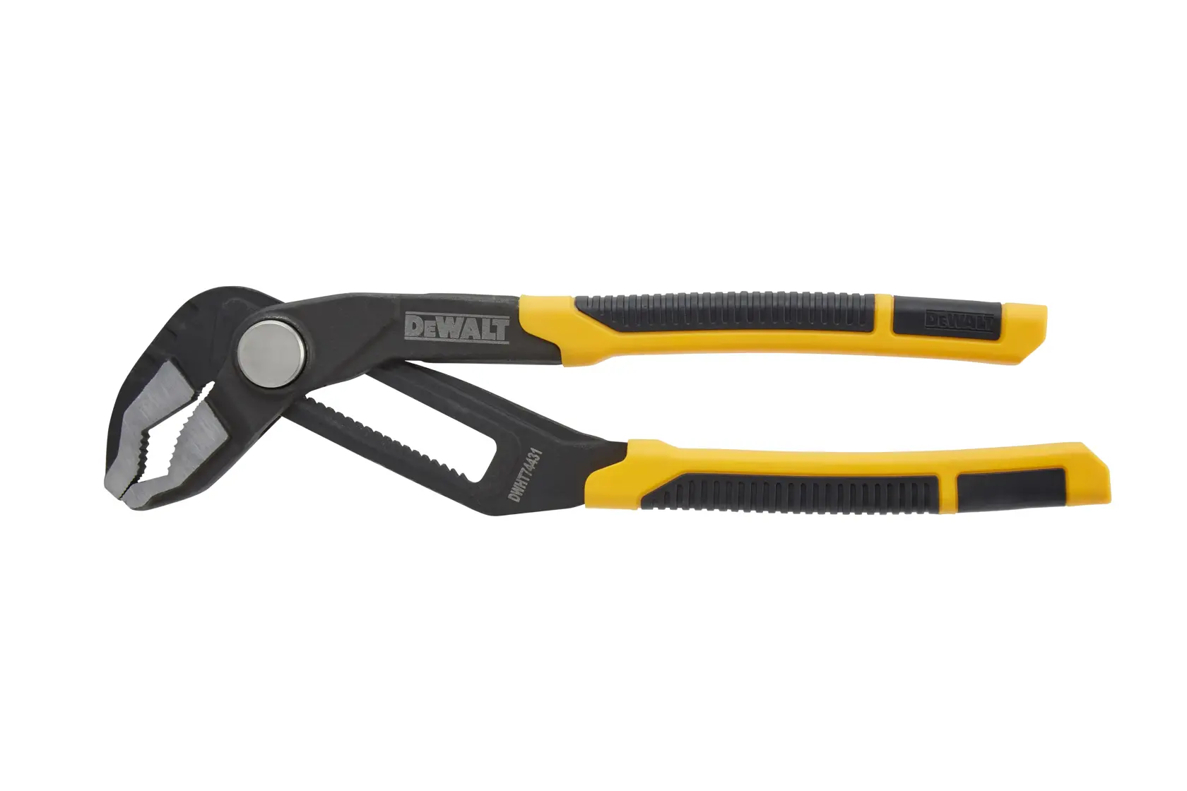DEWALT adjustable water pump pliers with yellow and black handles, shown against a white background.