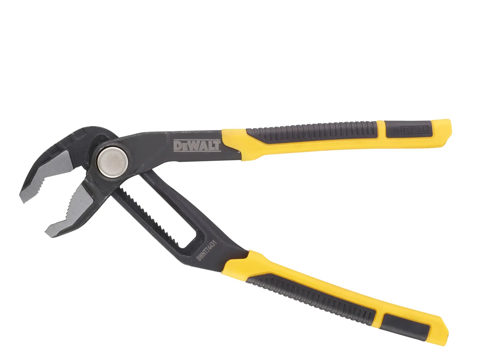 DEWALT adjustable groove joint pliers with yellow and black handles on a white background.