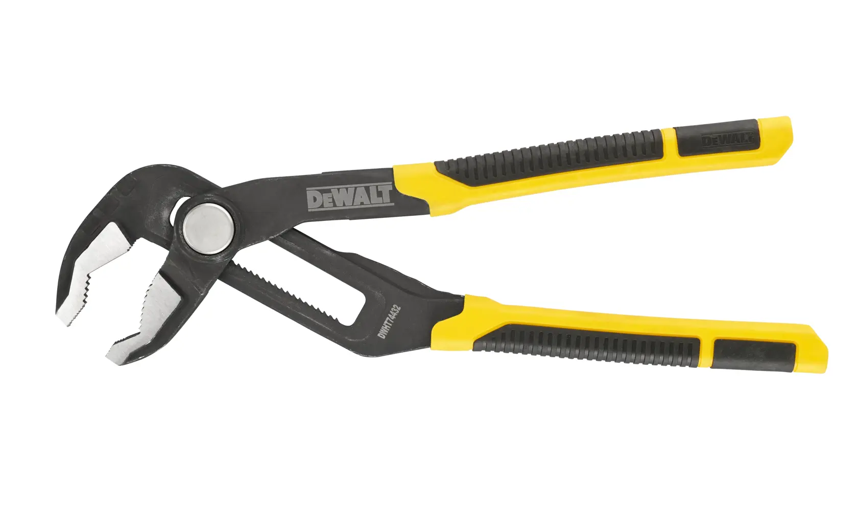 DEWALT adjustable water pump pliers with black and yellow grip handles, shown isolated on a white background.