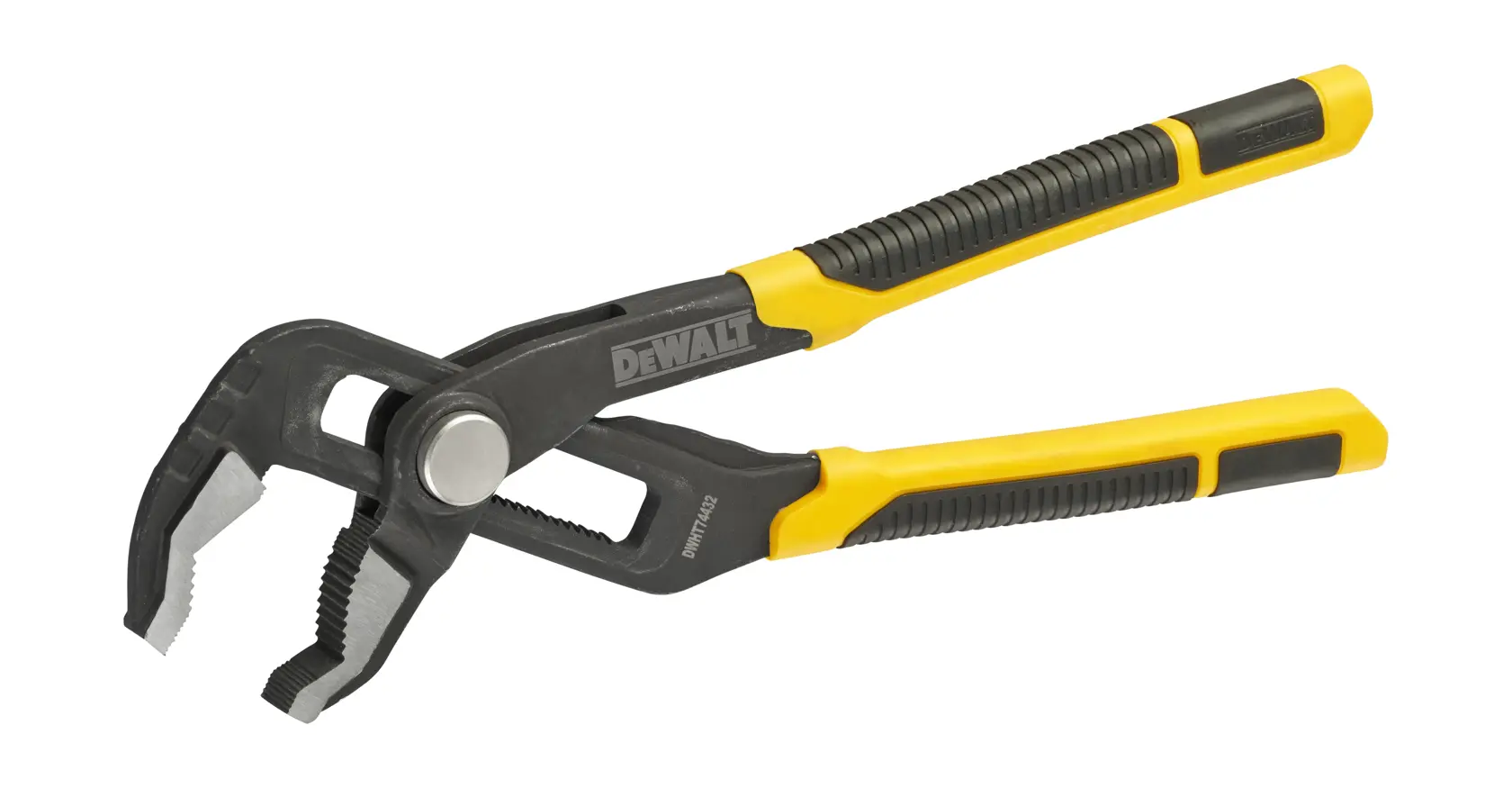 DEWALT adjustable groove joint pliers with yellow and black handles, used for gripping and turning objects.
