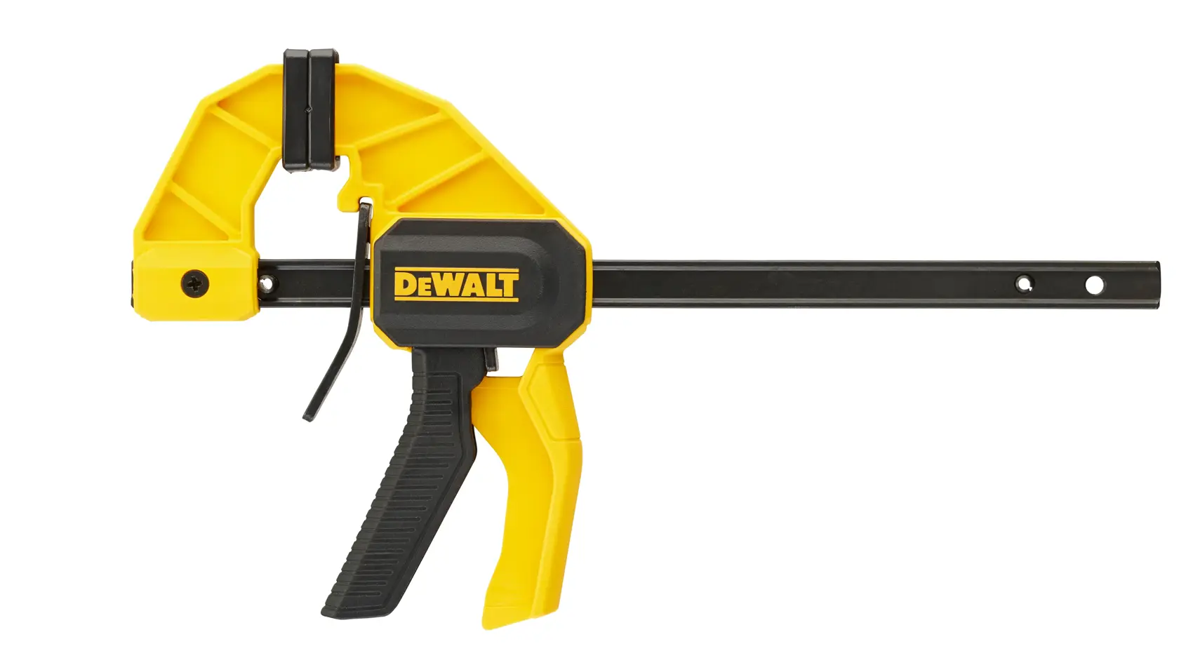 DEWALT yellow and black trigger clamp with adjustable jaw for woodworking and construction.