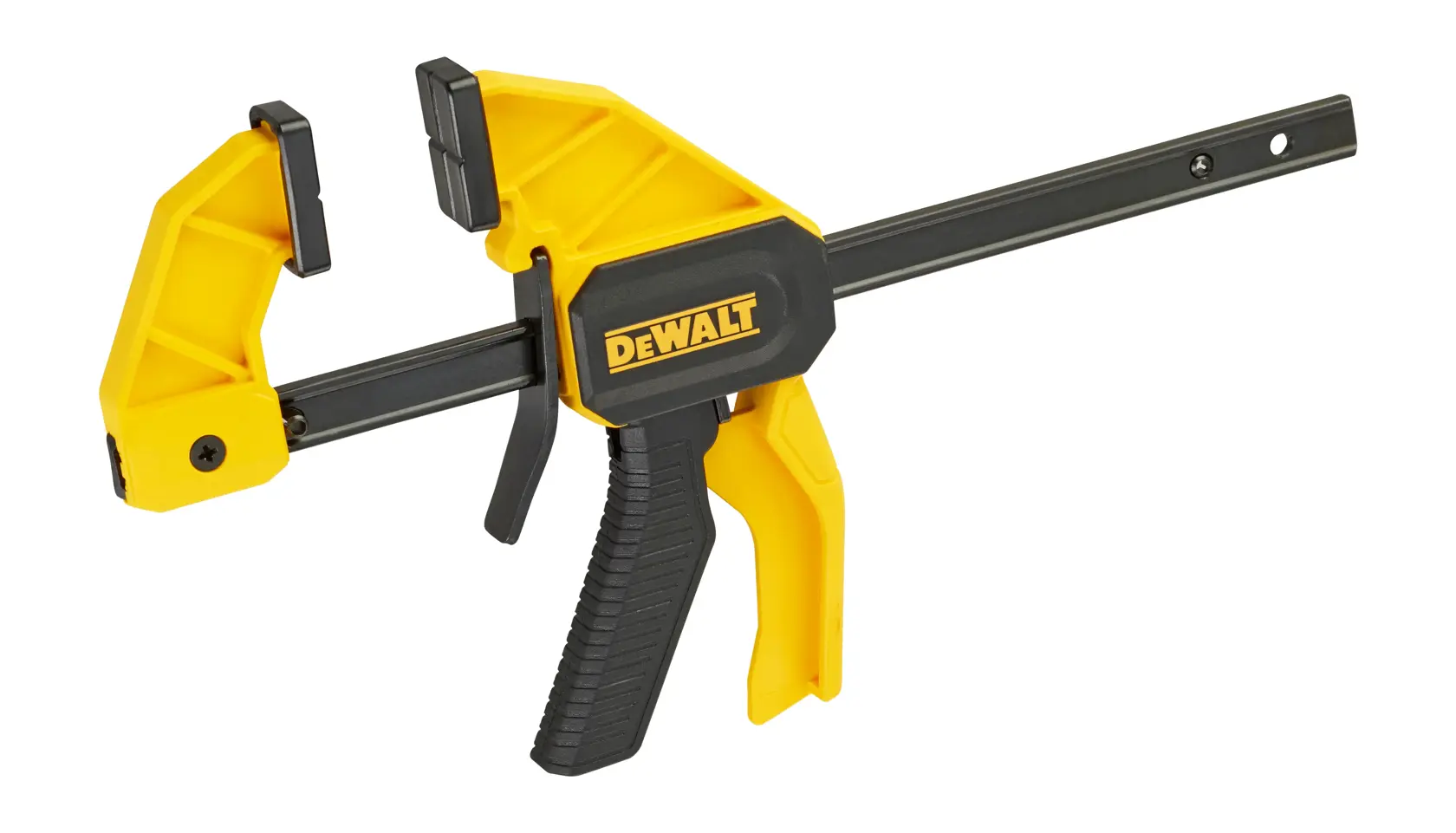 DEWALT yellow and black trigger clamp tool with adjustable jaws for holding materials.