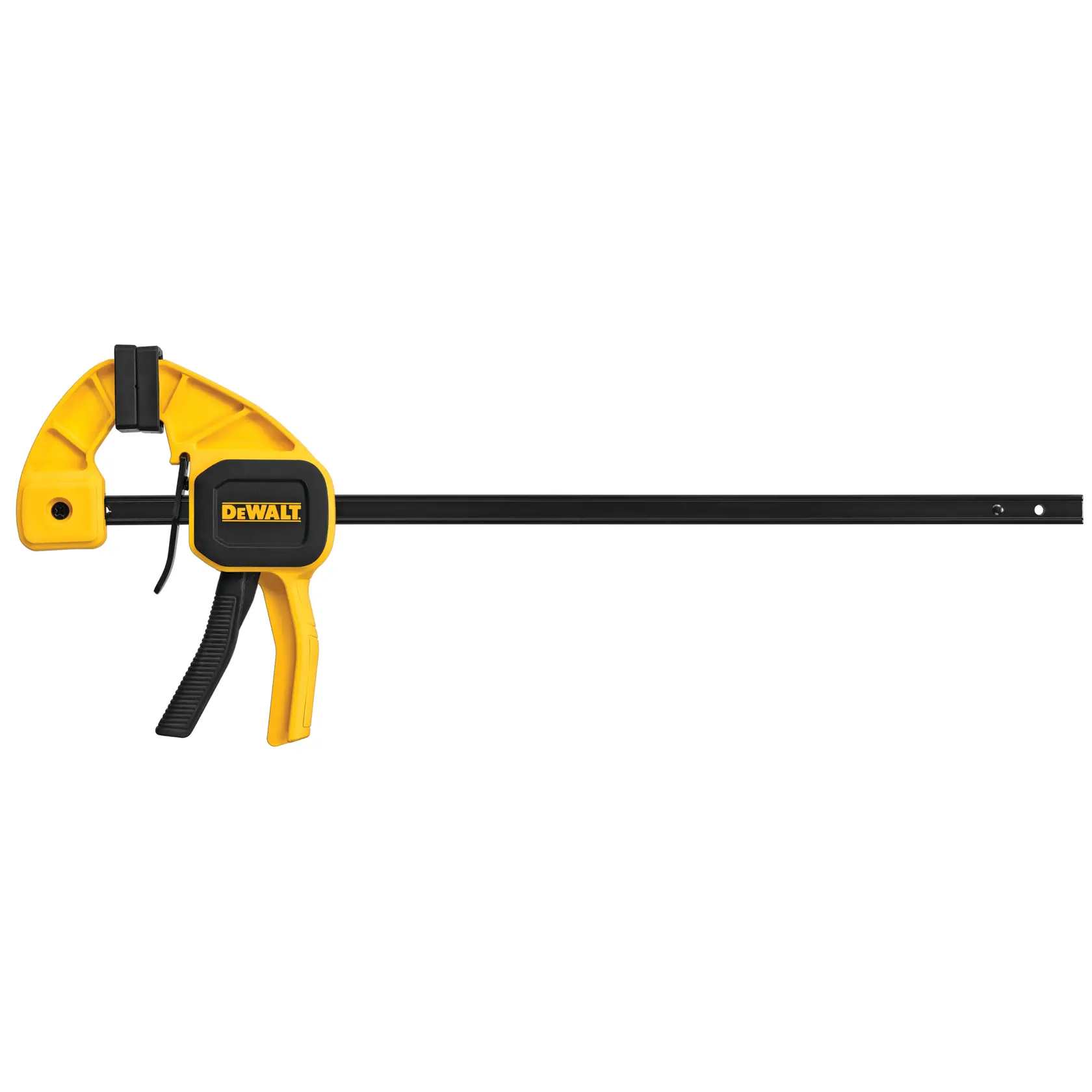 Morsetto giallo e nero DEWALT con barra lunga per fissare saldamente i materiali.
