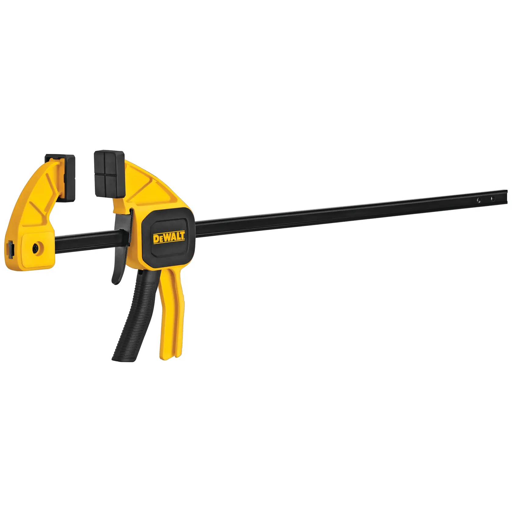 Morsetto a pistola DEWALT giallo e nero con barra regolabile per fissare materiali in falegnameria.