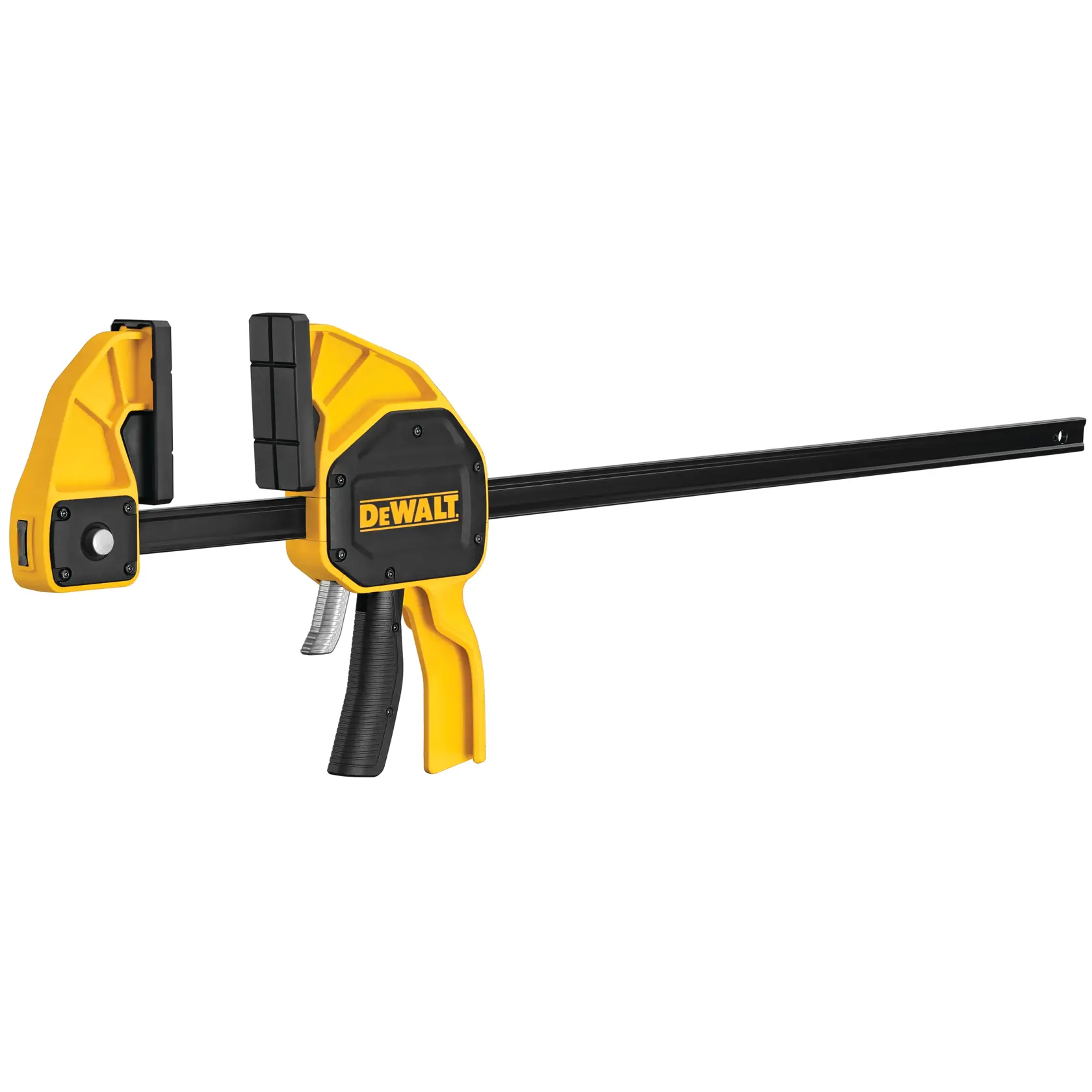 DEWALT trigger clamp with yellow and black design for woodworking and construction projects.