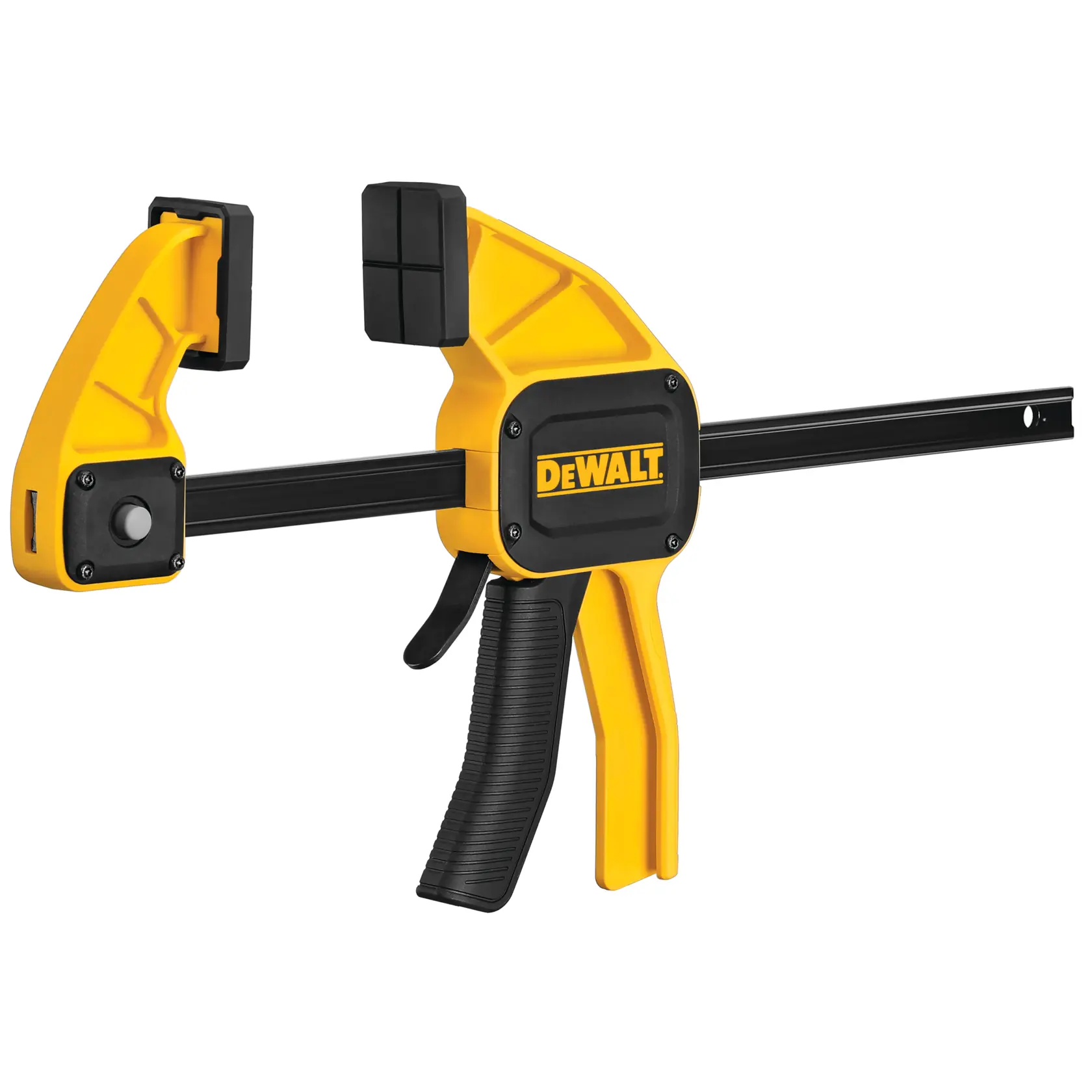 Morsetto a grilletto DEWALT giallo e nero con ganasce imbottite per fissare saldamente i materiali.