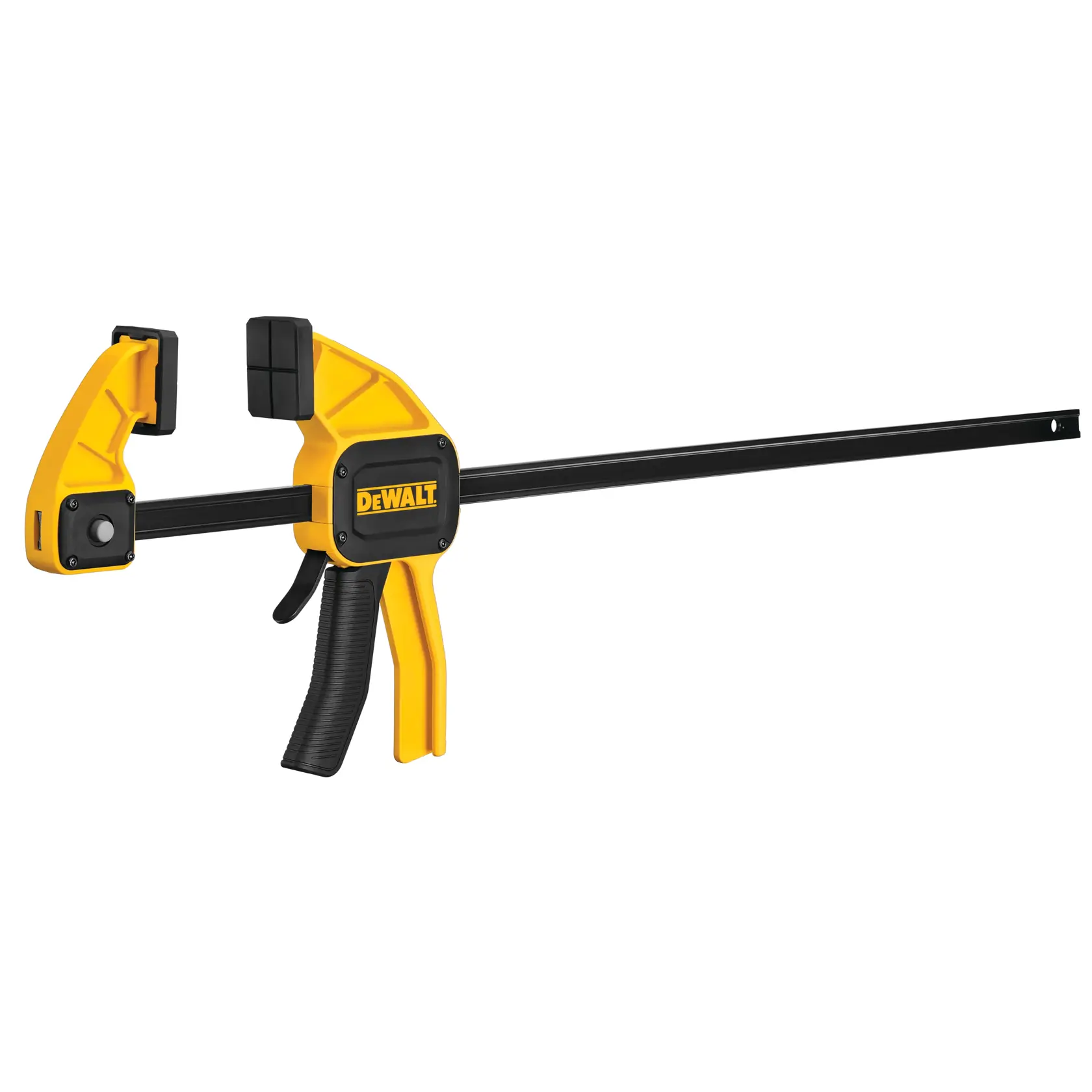 DEWALT trigger clamp with black and yellow handle, used for woodworking and securing materials.
