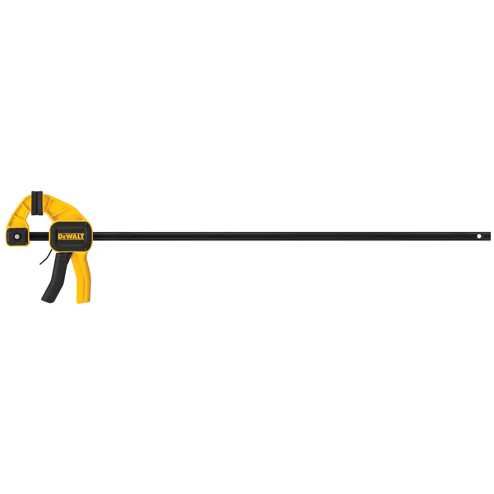 Morsa a barra DEWALT con impugnatura nera e gialla, per bloccare materiali saldamente.