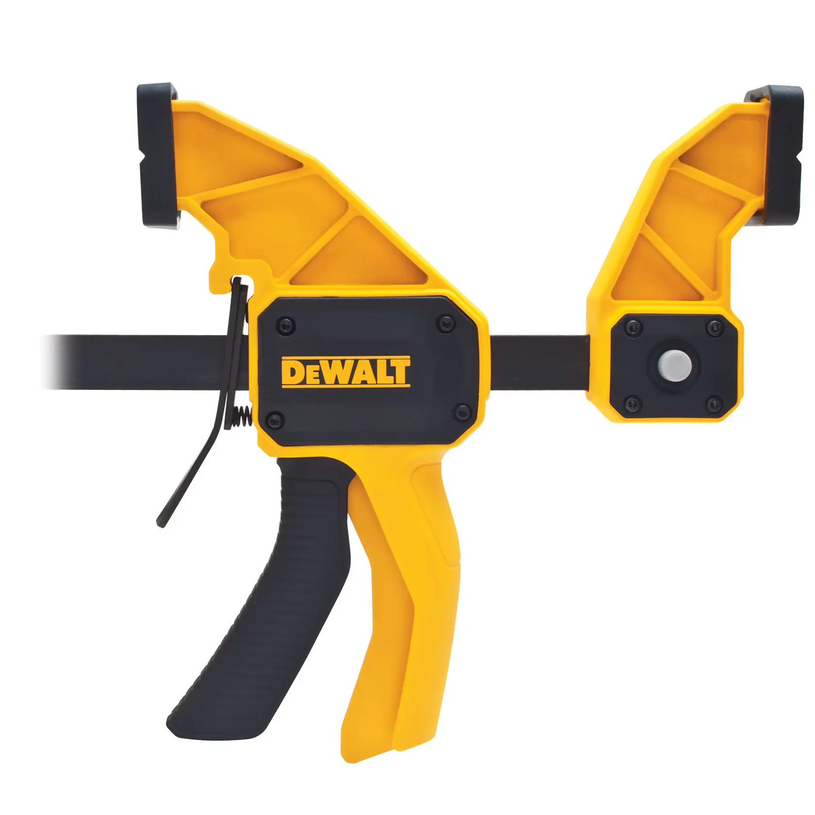 Morsetto a scatto DEWALT giallo e nero con manico ergonomico, per fissare i pezzi.