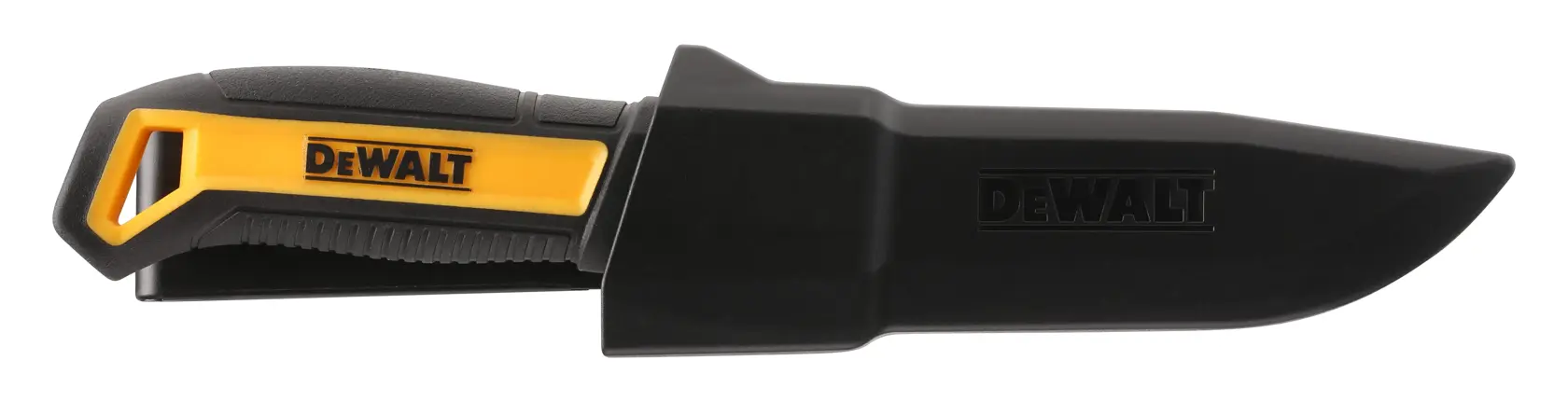 DEWALT utility knife with black and yellow handle, shown with protective black sheath covering the blade.