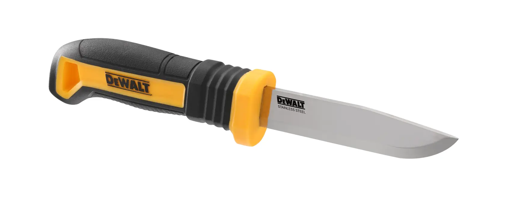DEWALT stainless steel utility knife with black and yellow handle, shown on a white background.