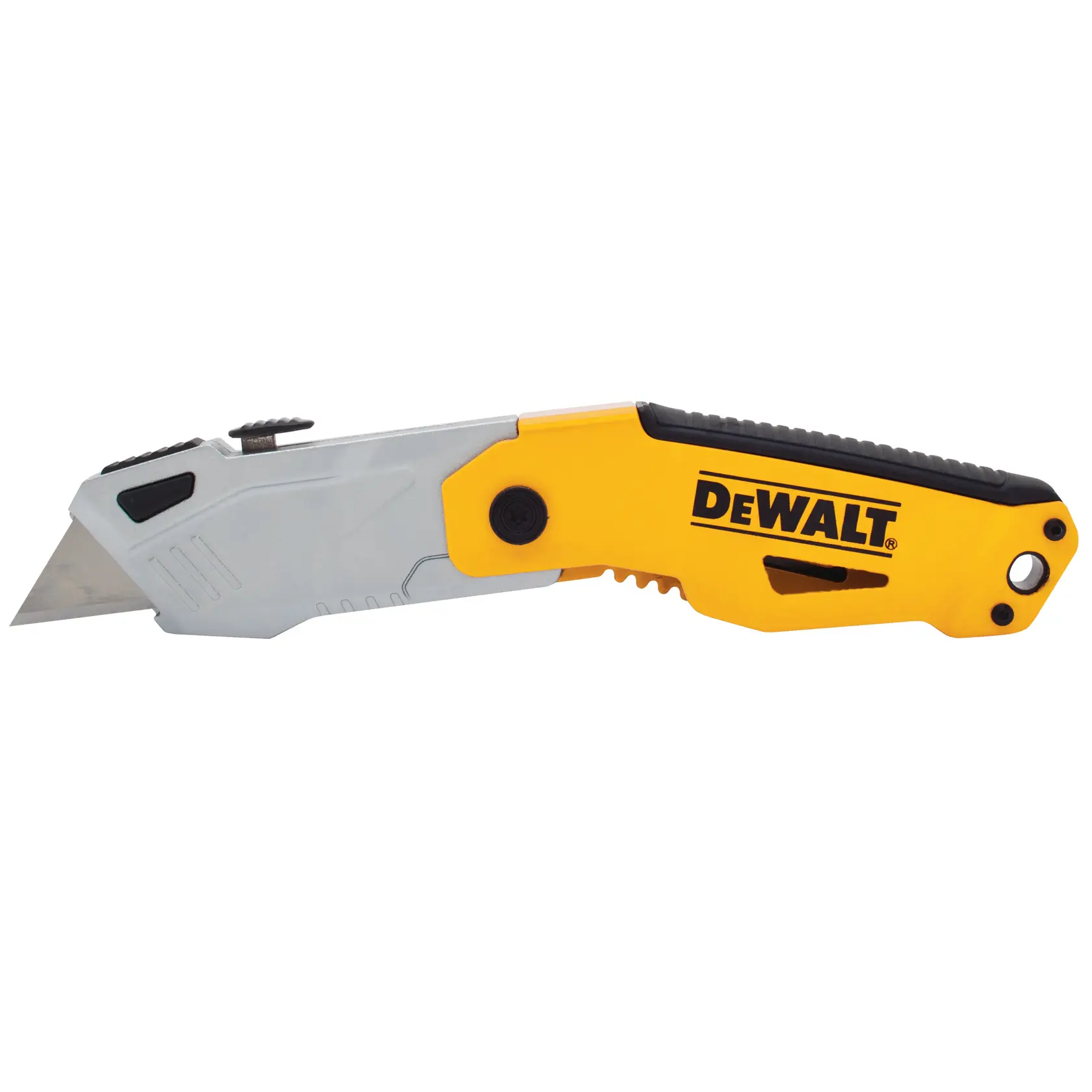 DEWALT folding utility knife with yellow and black handle and exposed blade.