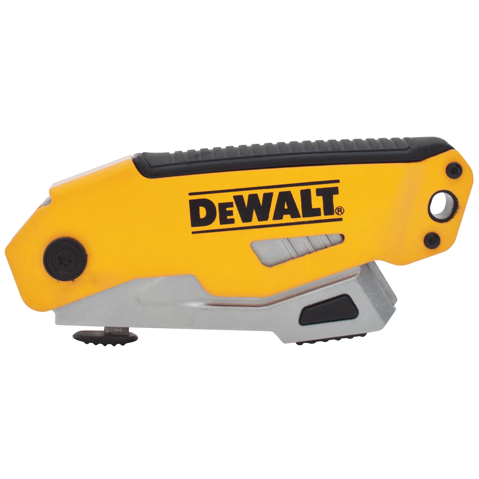 Yellow DEWALT folding utility knife with black and silver accents, closed and viewed from the side.