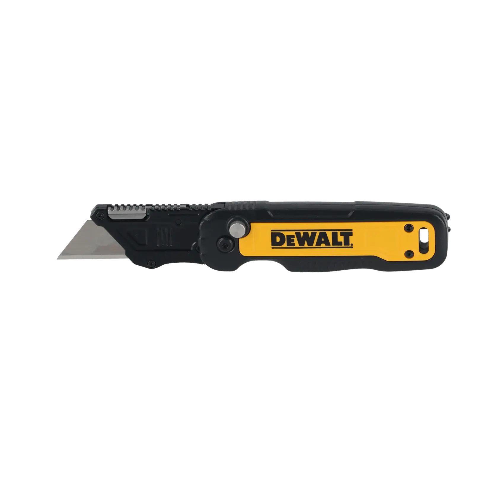 DEWALT folding utility knife with a yellow and black handle and exposed blade, shown from the side.