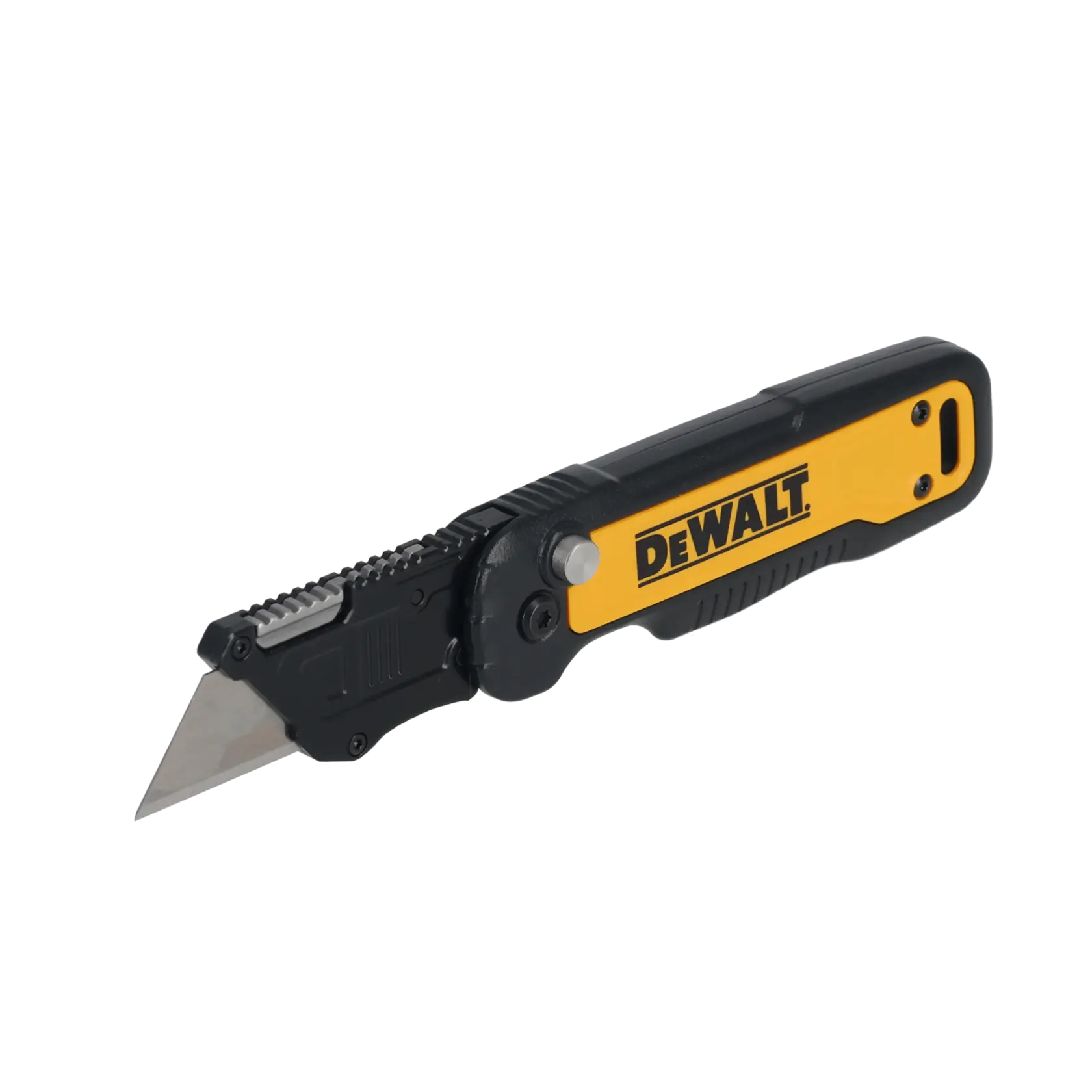 DEWALT folding utility knife with black and yellow handle, angled blade, suitable for cutting tasks.