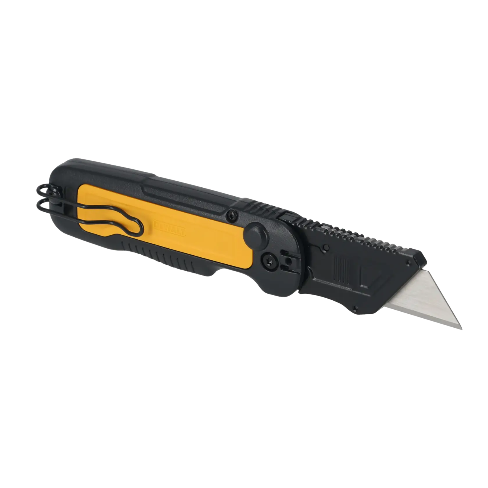 DEWALT folding utility knife with a yellow and black handle and exposed blade, side view.