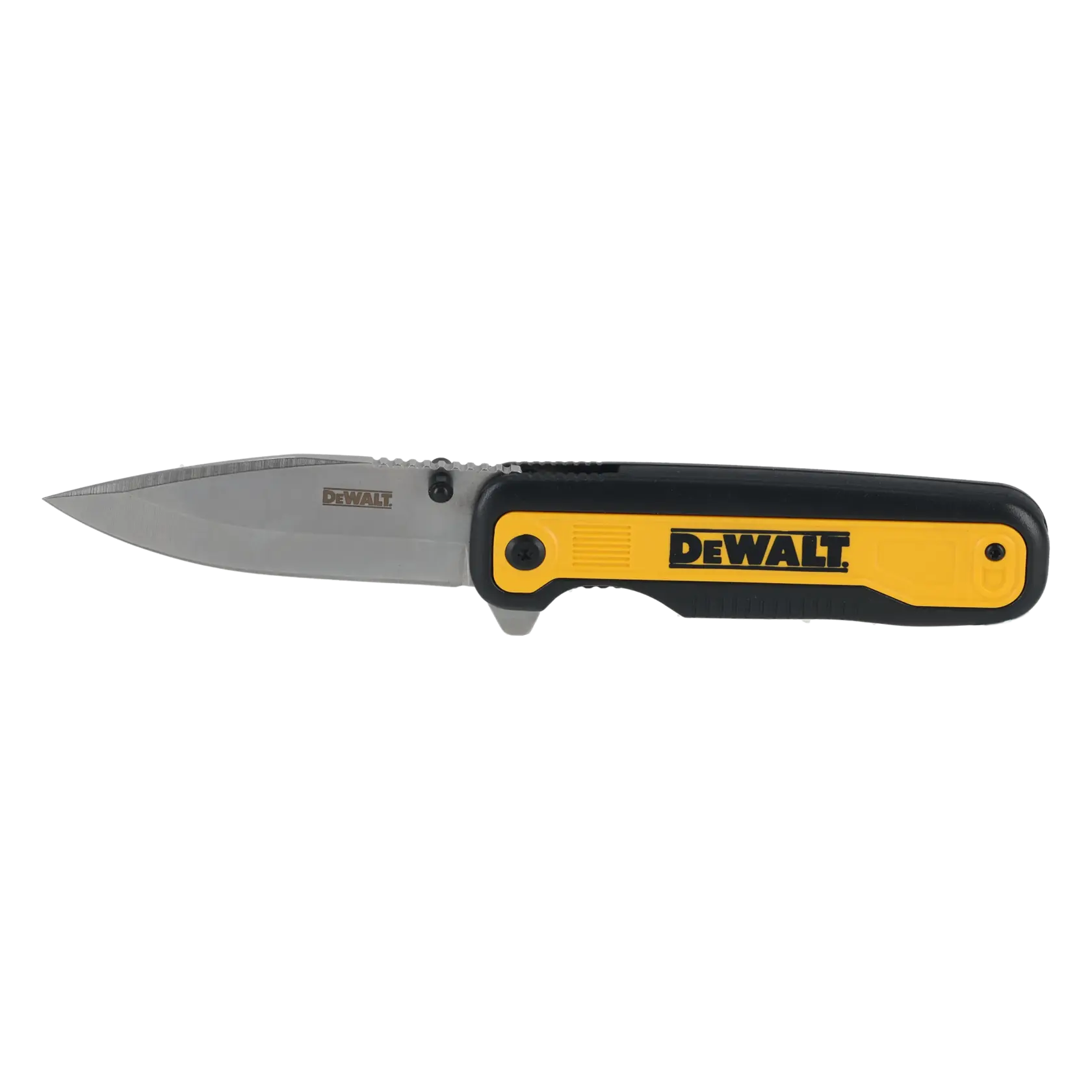 DEWALT folding knife with black and yellow handle and silver blade, shown on white background.